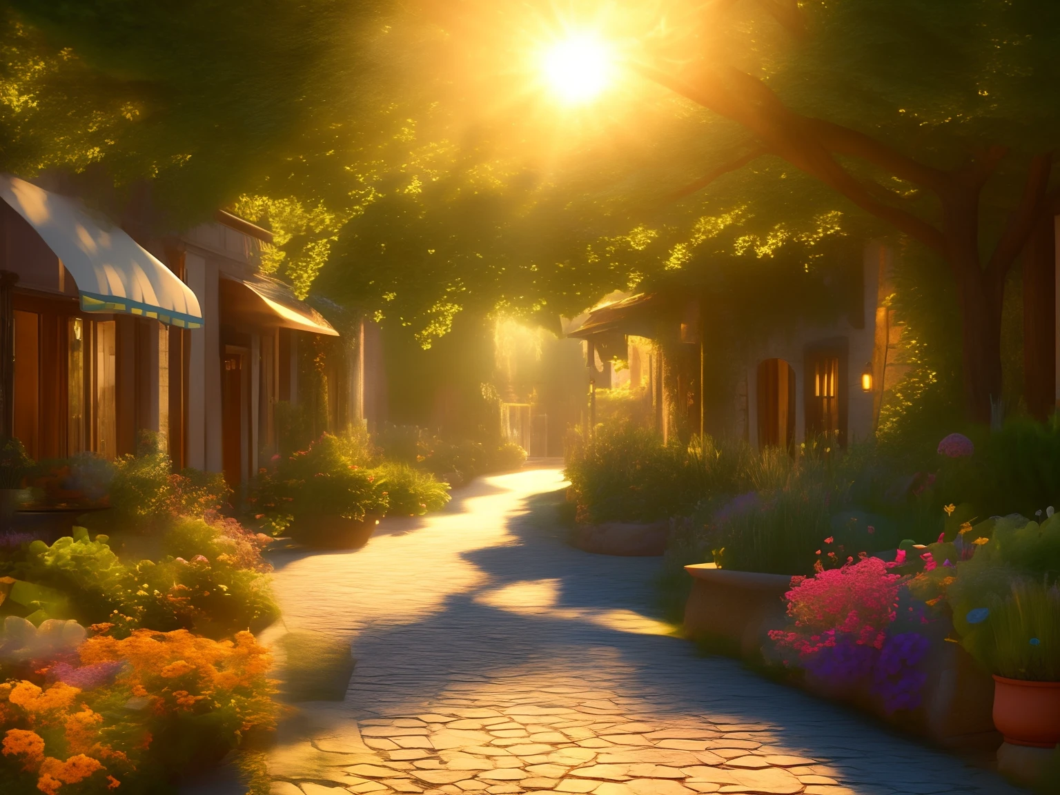 Fantasy, The Little Old Town, bakery, Outdoor café, Sateen, juicy greens, lawn, Flowers, dreamy, Evening, Sunset, voluminous lighting, sharp-focus, Ultra Detailed, 4k, Cinematic, wide-angle, 3 5mm film photo photo, filmstill, UHD, Clear lens, Depth of field, Octane Render, Vivid colors, light beams, god rays
