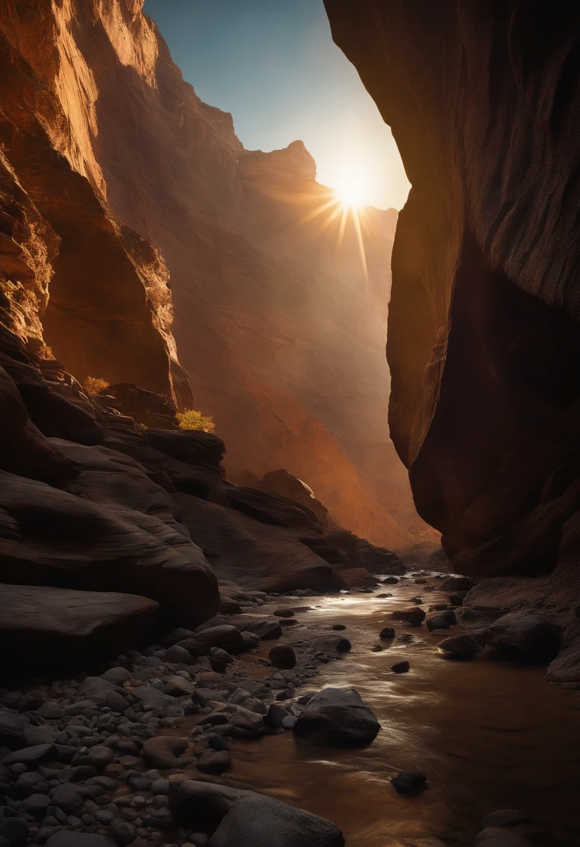 the sunlight coming on to some rocks in a canyon, in the style of cosmic landscapes, solarization, dark gold and light beige, elaborate spacecrafts, monochromatic color scheme, atmospheric shots, alien worlds --ar 16:9