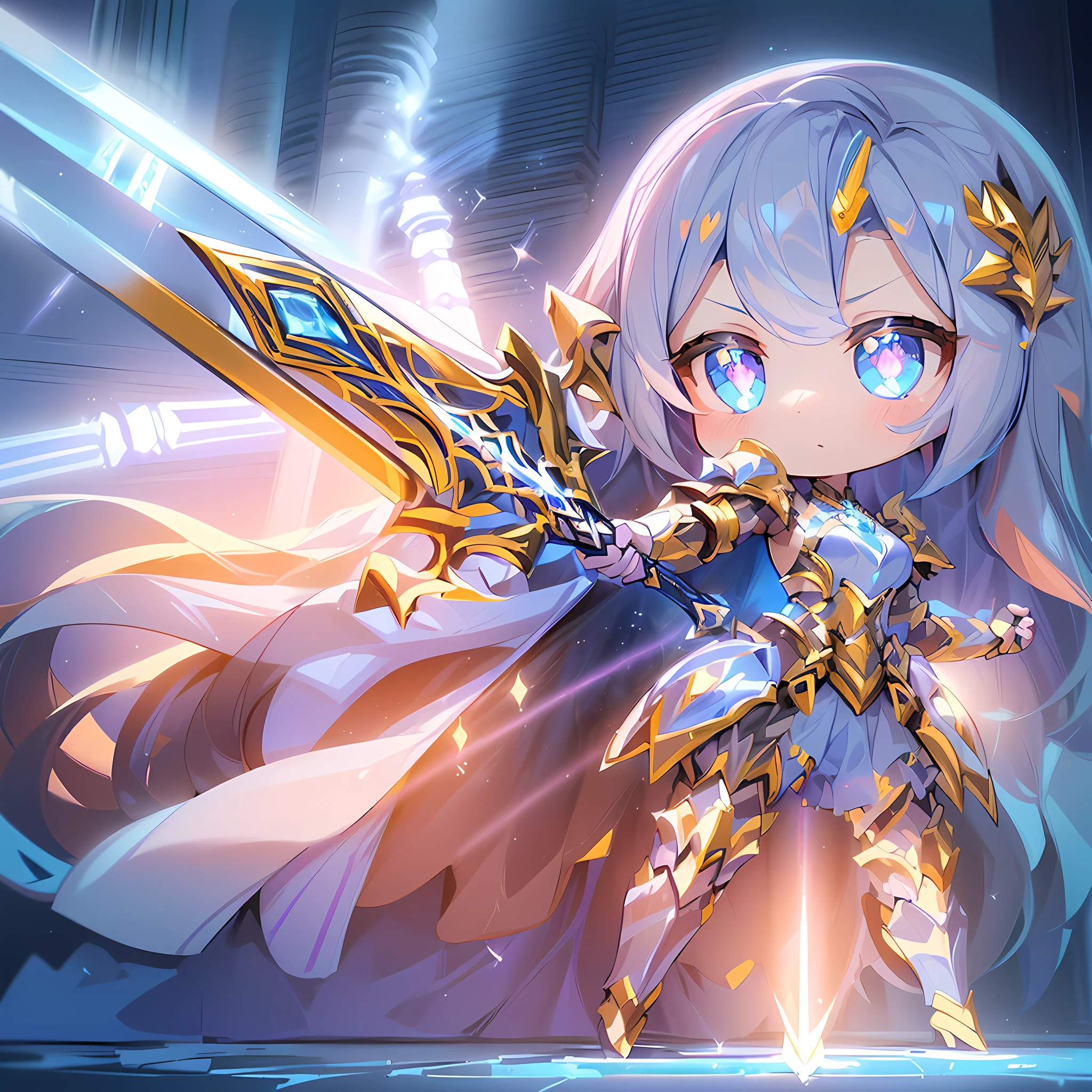 (Sapphire Masterpiece 1.3), (Best Quality), (ultra-detailliert), (girl with), (((Solo))), Cool, Full body, (With the Sword of Paladin:1.10), Ahoge, (Paladin Armor:1.4), (Dynamic Pose:1.6), (((Chibi Character))), (((Deformed))), (Sparkle effect:1.3), (Pillar of Light:1.5), (aura:1.5), (Night Field:1.3), (Alternative Fantasy Worlds:1.1) ,(Blue background)