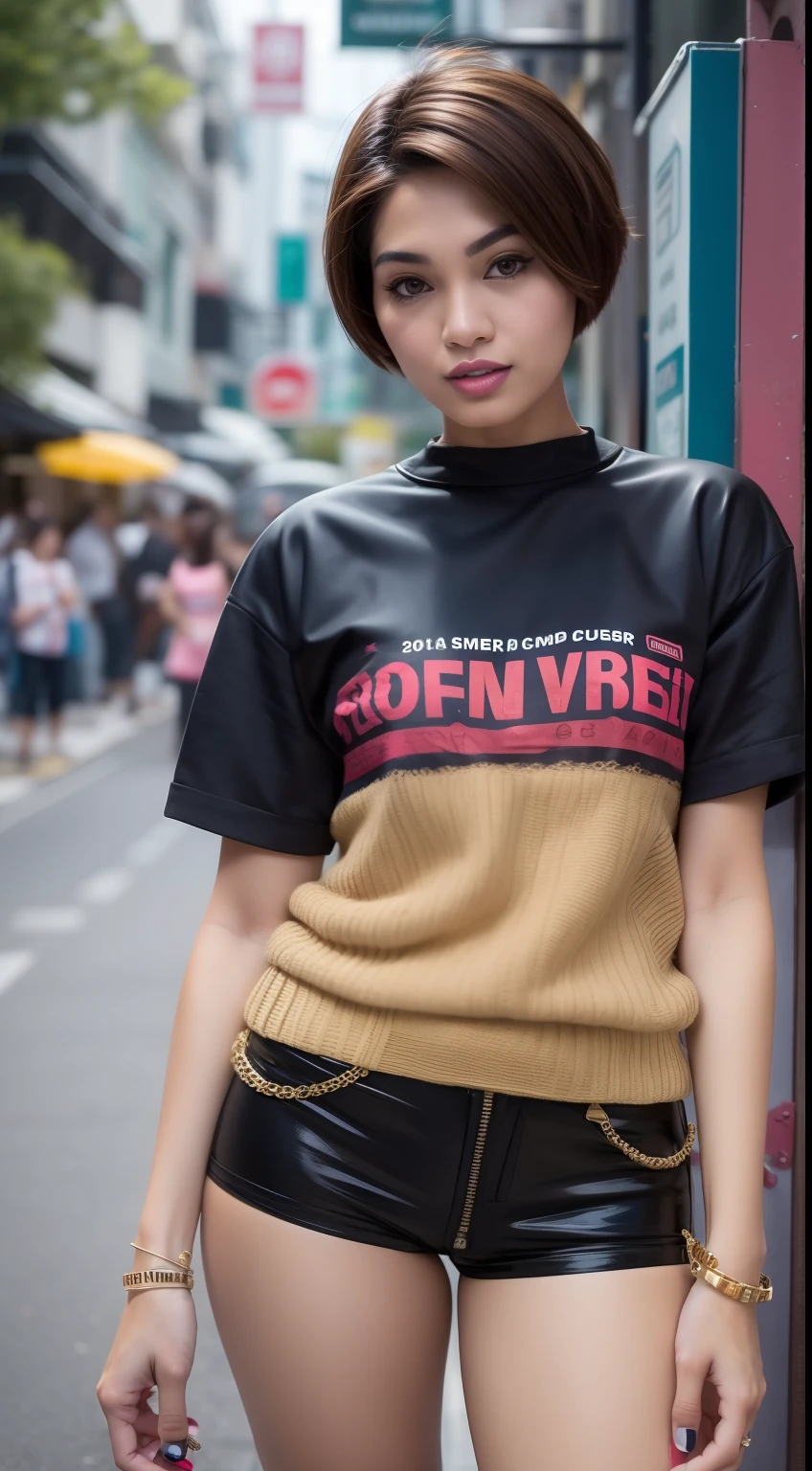 Create a dynamic urban portrait of the Malay woman in contemporary streetwear, golden brown short pixie cut hair, capturing her confidence and style as she strikes a pose against the backdrop of a bustling city street