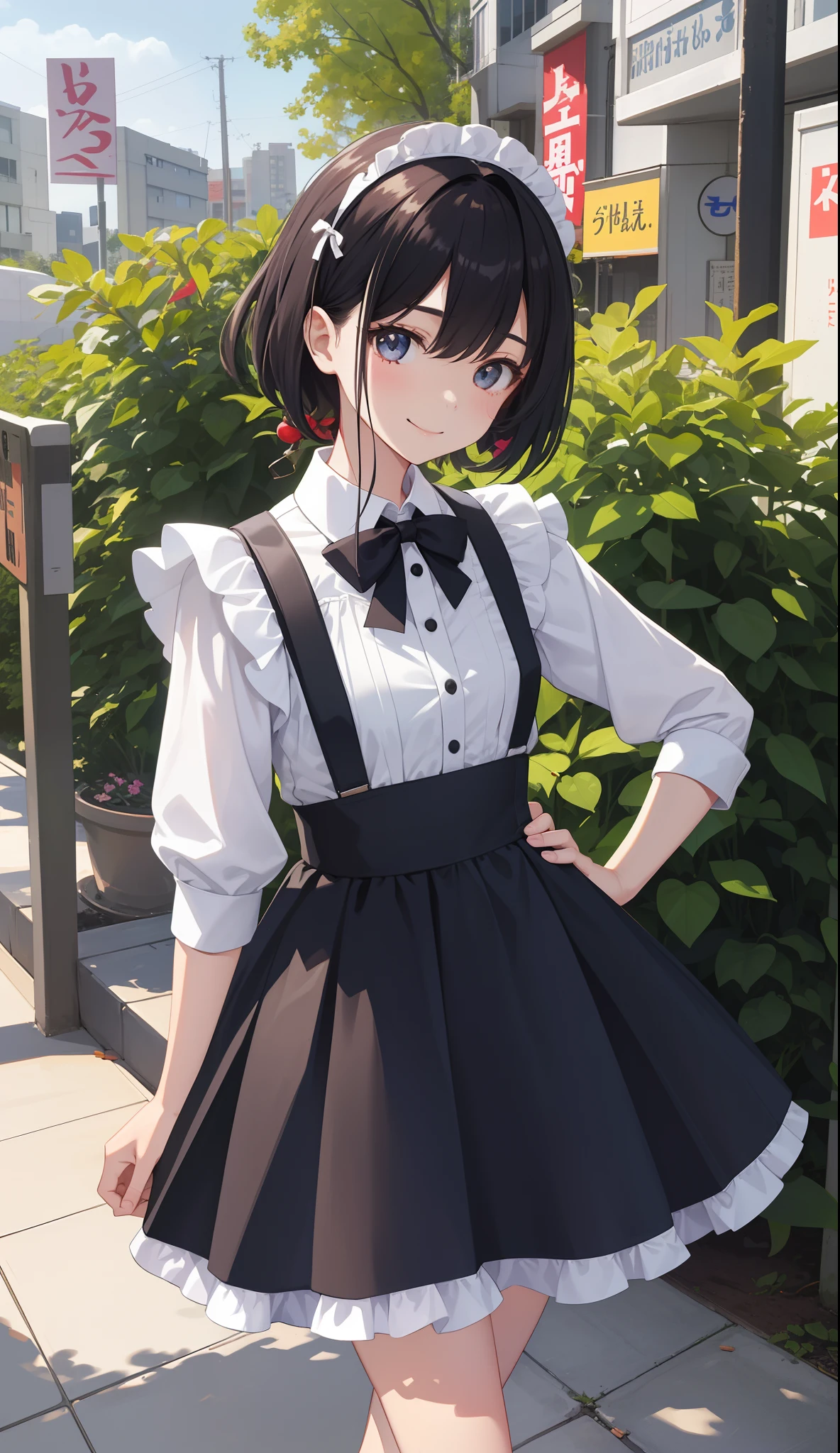 1girl in、AS-Adult、A smile、The shirt、Mini skirt、pantiy、(small tits)、doress、pinafore、Hair decoration、(Maid costume)、Walking with a thigh、Upper body portrait、