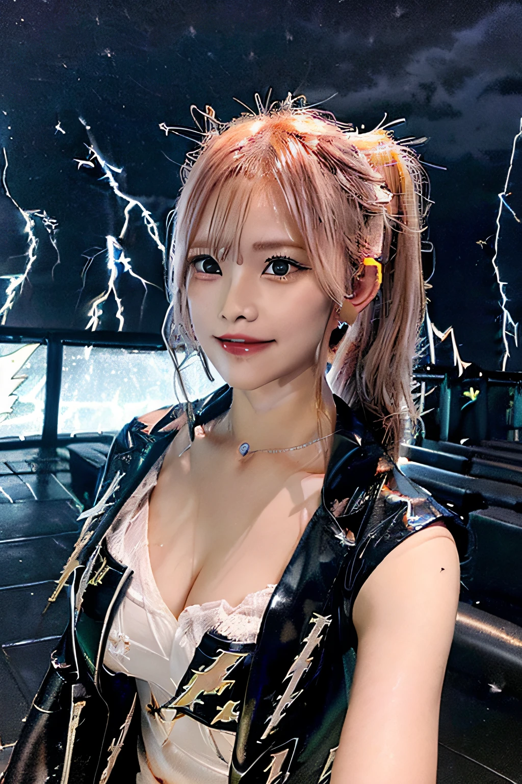 (Lightning illuminating the dark sky:1.7),Stormy night, (Rain pouring down on a tomboy:1.3), creating a dramatic and moody atmosphere. Drenched tomboy,piercings,Punk rock fashion,Open jacket with chain,Punk rock shirts,Punk rock pants with chain,Chain Accessories,a choker,(The whole body is soaking wet,Rainwater dripping from the face,Wet face,wetting hair,Wet and glowing skin,Soaking wet costumes,),(Glossy silver and orange two-tone hair,Short ponytail),(The composition of the princess's face,large full breasts,Pointed lips,red lipsticks,Cute round face,A smile that makes the viewer happy,blushing with embarrassment,red blush,),Bold sexy poses,(crouching down:1.3), (in 8K, Raw photo, Best Quality, masutepiece,),(Realistic,Extreme detail photo,Digital SLR,),(Image Mode Ultra HD),