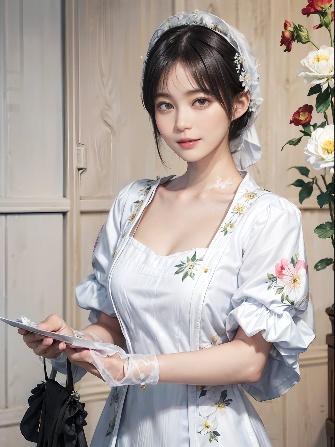 03
(Black Shorthair:1.3), (a 20 yo woman), (A hyper-realistic), (masutepiece), (8KUHD), Beautiful woman, A smile, (Wearing white maid clothes:1.3), (Floral Maid Clothing:1.2)