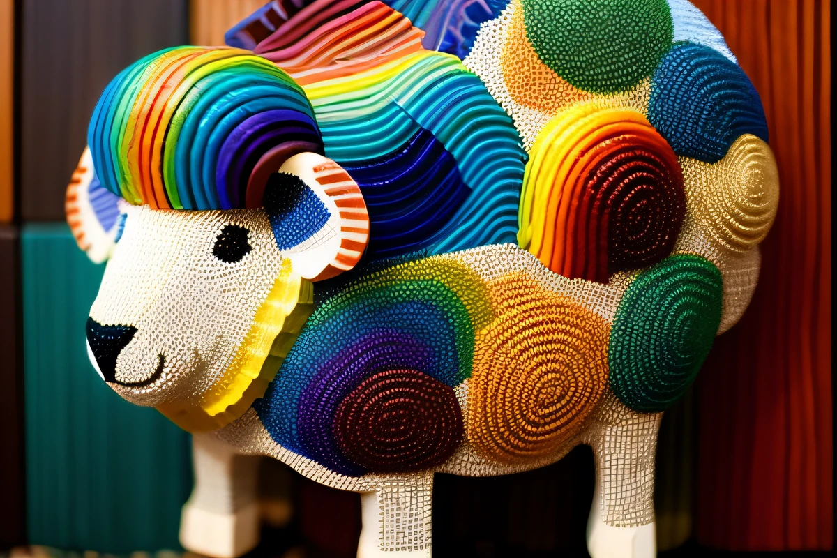 Multicolored stone mosaic of 1 wooden sheep