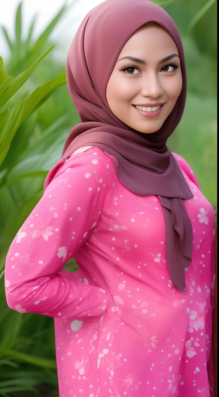 Malay girl in hijab wear pink small floral baju kurung malaysia in paddy field near malay village, wear back pack, front view, detail skin, detail skin texture, mole below eyes, small breast, big hip, big waist, big thigh, slim abs, beautiful body, nighttime, laughing, happy, bright lighting, blur background, bokeh,