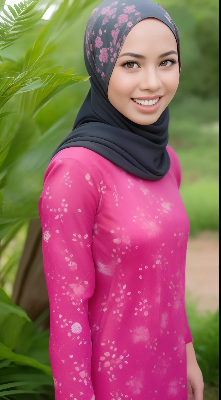 Malay girl in hijab wear pink small floral baju kurung malaysia in paddy field near malay village, wear back pack, front view, detail skin, detail skin texture, mole below eyes, small breast, big hip, big waist, big thigh, slim abs, beautiful body, nighttime, laughing, happy, bright lighting,  blur background, bokeh,