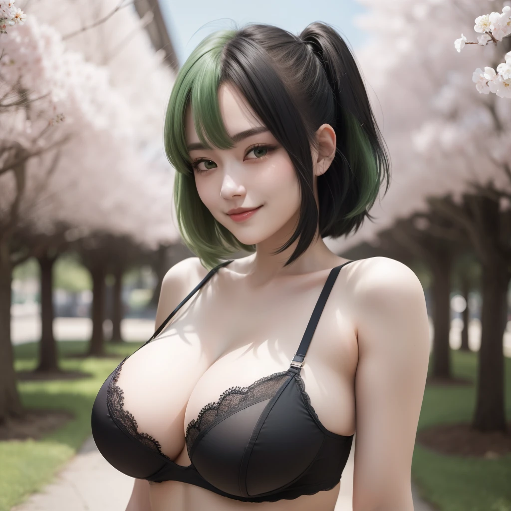 masterpiece, best quality, highly detailed,1girl, covering mouth, shy smile, big breasts, adult, split-color hair, black and green hair, sakura trees, hair over eye, pose, mesh bra, side swept pixie
