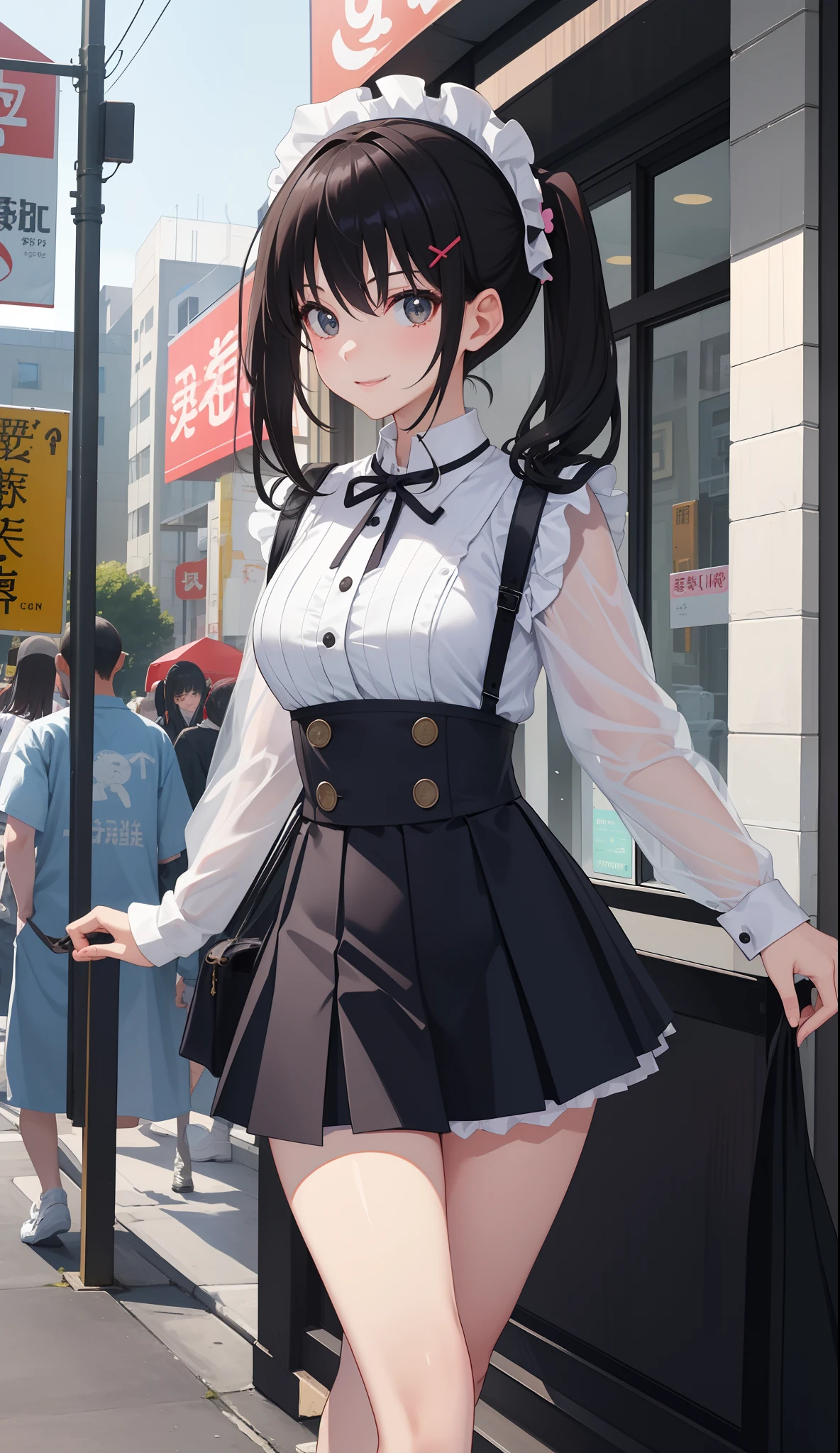 1girl in、AS-Adult、A smile、The shirt、Mini skirt、pantiy、(small tits)、doress、pinafore、Hair decoration、(Maid costume)、Walking with a thigh、Upper body portrait、