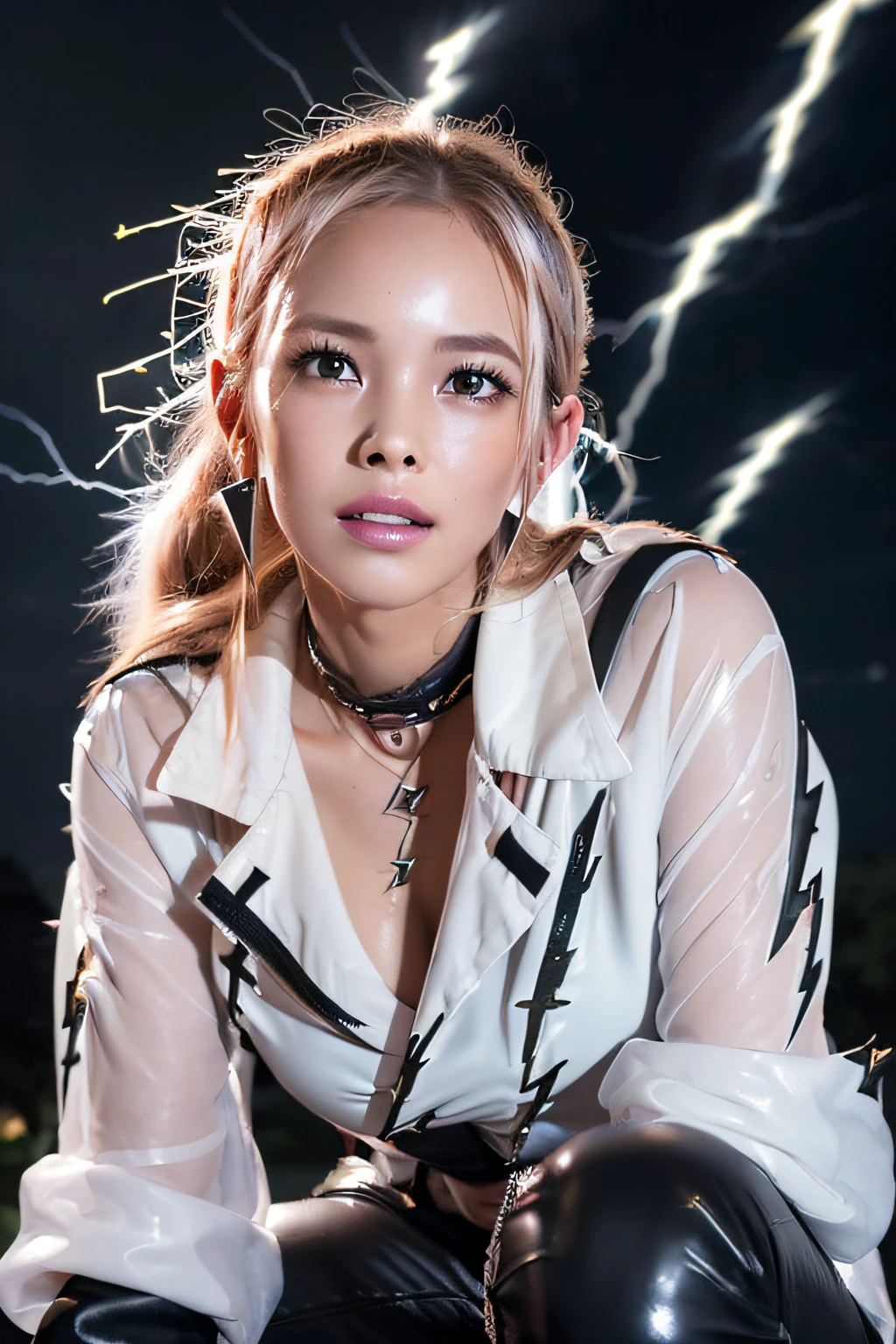 1 Japanese beautiful girl,28yo girl, Super beautiful detailed face, (smile:1.4), earrings, (blonde semi-long straight hair with parted bangs:1.4),(front view:1.5), (medium shot), (chubby body), (neutral-colored large areola:1.3),nipples, BREAK, masterpiece, best quality, ultra quality, high quality, realistic, photo realistic, RAW photo, hyper detailed, intricate detaile,(crowded street:1.2),cinematic lighting,(denim micro skirt),(no bra),(wetshirt:1.3),white T-shirt,wet hair, ((dark cloud and sky)), raining, (rain filtered), (rain splashes in water),(lightning:1.4),(raindrops:1.1),(downpour:1.2),(raining:1.3),(nipples poking through shirt),