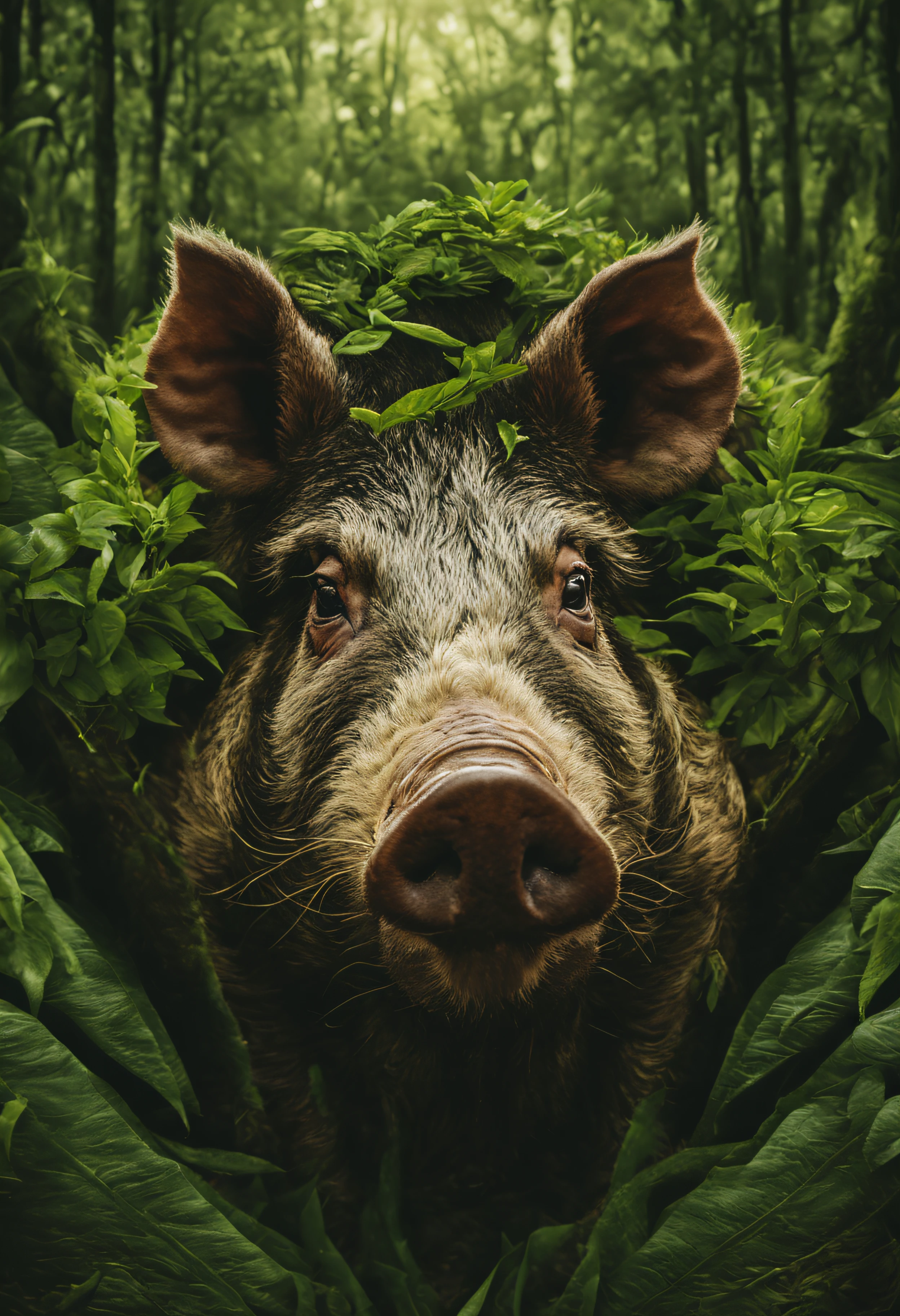 High nation-geographic symmetrical close-up portrait shoot in green jungle of an expressive Greater hog badge Animal , anamorphic lens, ultra-realistic, hyper-detailed, green-core, jungle-core –ar 16:9 –q 2 –v 5