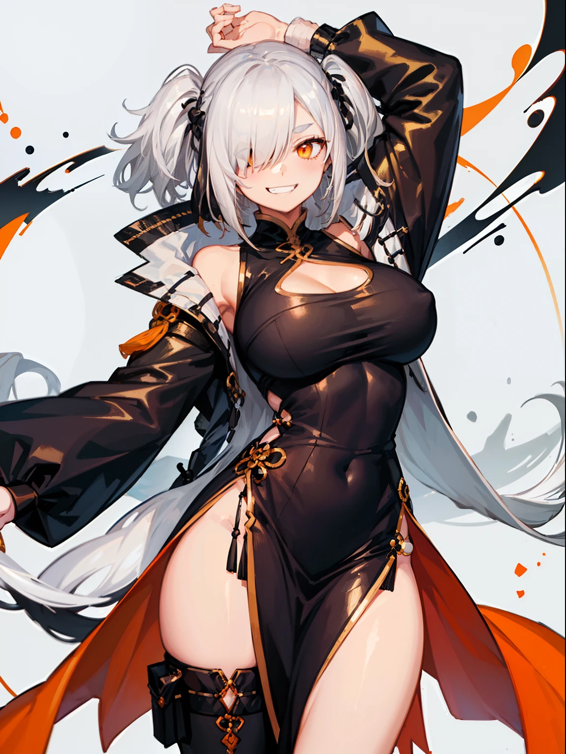 (((best quality))), 1girl, black chinese dress, (((white hair))), orange eyes, large breasts, looking at viewer, evil smile, grin, solo, tied hair, hair over one eye, pelvic curtain, tied hair, fur-trimmed coat