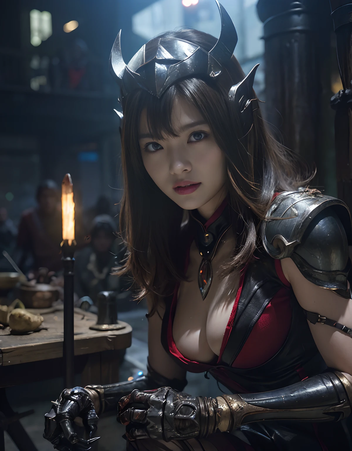 (One Knight Girl)、top-quality、​masterpiece、超A high resolution、(Photorealsitic:1.4)、Raw photo、女の子1人、Fight mutants、（Wear the Dark Knight's Armor）、glowy skin、(((Dark Fantasy)))、With a beautiful sword and shield、（Black Metal Bodysuit）、(Fight goblins、ogre、Fierce battle with orcs),（Fight fiercely against aliens）、Fight fiercely、(Skeleton collective background),(Background of decaying dungeon ruins)、（Skeleton helmet）、(Fighting Demonic Beasts)、(Small LED)、((super realistic details))、portlate、(Strong giant demon beast background),globalillumination、Shadow、octan render、8K、ultrasharp、Colossal tits、Raw skin is exposed in cleavage、metals、Details of complex ornaments、Japan details、highly intricate detail、Realistic light、(Mystical expression),CGSoation Trends、Red Eyes、radiant eyes、Facing the camera、neon details、(Mechanical limbs)、(blood vessels connected to tubes)、()、Gundam、Small LED、Toostock、（Fight aliens on another planet）、（Attack of the Monster Beasts）、（Wounded in a deadly battle）、