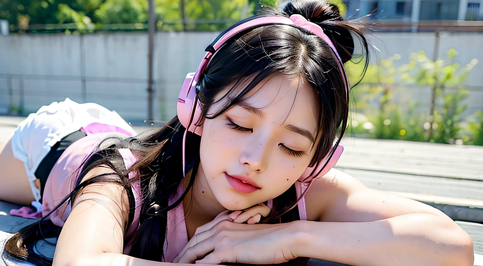 (((briana junko))), (long black hair tied in a messy ponytail), ((wearing pink headphones)), (lying on bleachers on japanese school rooftop), ((eyes closed)), relaxed pose, one schoolbag nearby