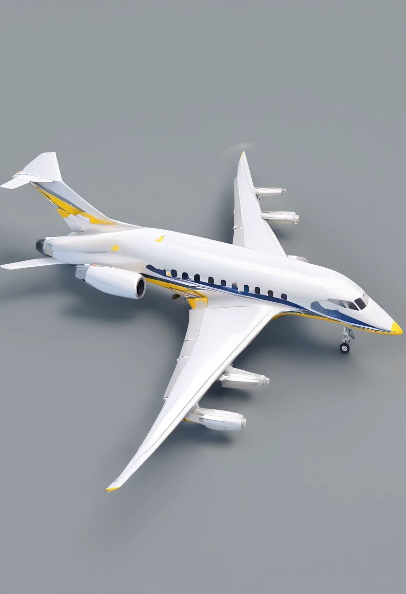 (a jet plane flying in the air, white background), yellow color, grey color, navy-blue color, white color, simple lightning, top-back camera angle, back-view, fine shape, low-poly render, clean background, flat-color background