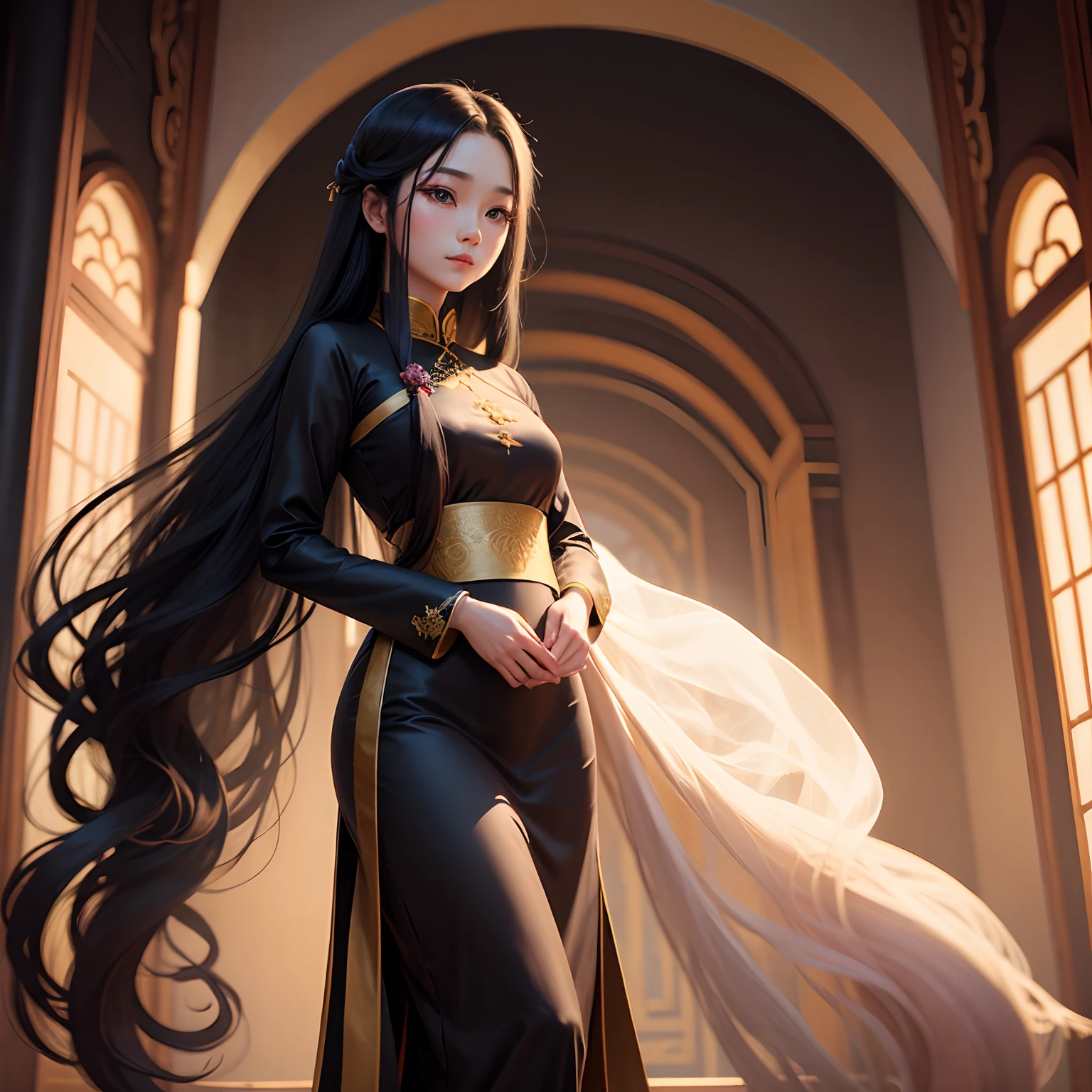 vietnamese long black hair rapunzel in traditional vietnamese ao dai