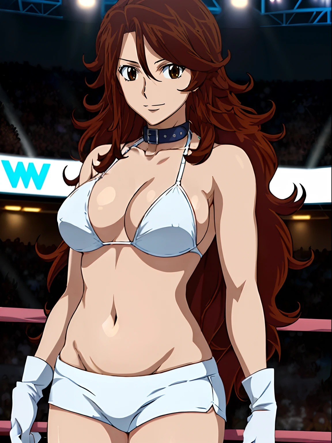 (wwe diva), body view, anime style: 1.8, anime drawing, ultra detailed face, ultra detailed body, 4k, Sumergai Lee Noriega, (standing), best quality, anime style, hires, highest definition, digital blending, bold drawing lines, ((wwe diva), (location: wrestling arena, crowds watching), ( slim body, little biceps, thighs, off-shoulders, (curvy: 2.8)), ((white bikini, shorts, groin, , white gloves, collar)), victorious, winner, gentle, (big breasts, smile), (big eyes, brown eyes), (clapping), (brown hair, loose hair, curly hair, wavy hair, long hair, missy hair), 27 years old,