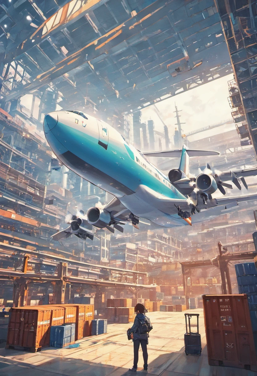 airplane flying over a cargo terminal with a plane in the background, shipping containers, trading depots, supply chain economics, photo render, easy go, bright sunny day, shipping docks, accurate and detailed, in a sci-fi shipping port, photoshoot, photo taken by camera, an attractive, industries, sun is shining, accurate depiction, with text one search away