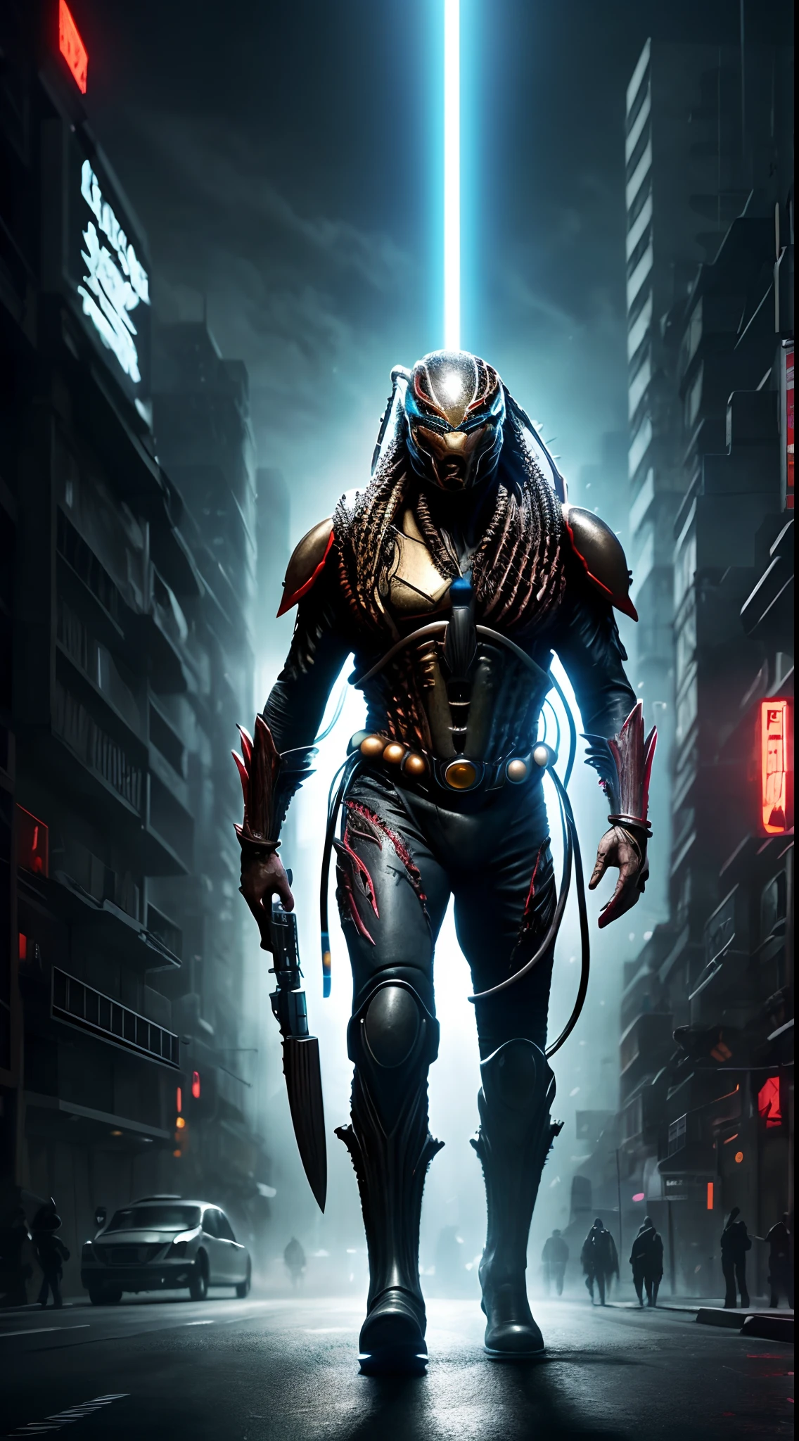 ((Predator wiith futuristic battlesuit killing an alien with a laser-knife, dramatic epic figh by h.r. giger)), cinematic hyperrealistic highly detailed drawn characters with foggy future neonlight mega-city at night as background, thrlling dramatic movie poster, in highst resolution in best quality, with intigue deatails, award winning masterpiece, trending on artstation.