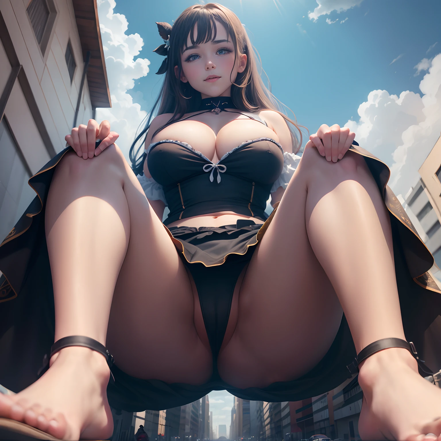 1girll, Bare_bshoulders, black_Border, Blue_sky, Breasts, Building, cleavage, Cloud, Cloudy_sky, day, From_Below, Giantess, Hair_decorations, Large_Breasts, Long_Hair, Looking_at_peeping at the viewer, Looking_down, Outdoors, outside_Border, Panties, sky, Smile, Seated posture, upper legs_Strap, upper legs, underwear