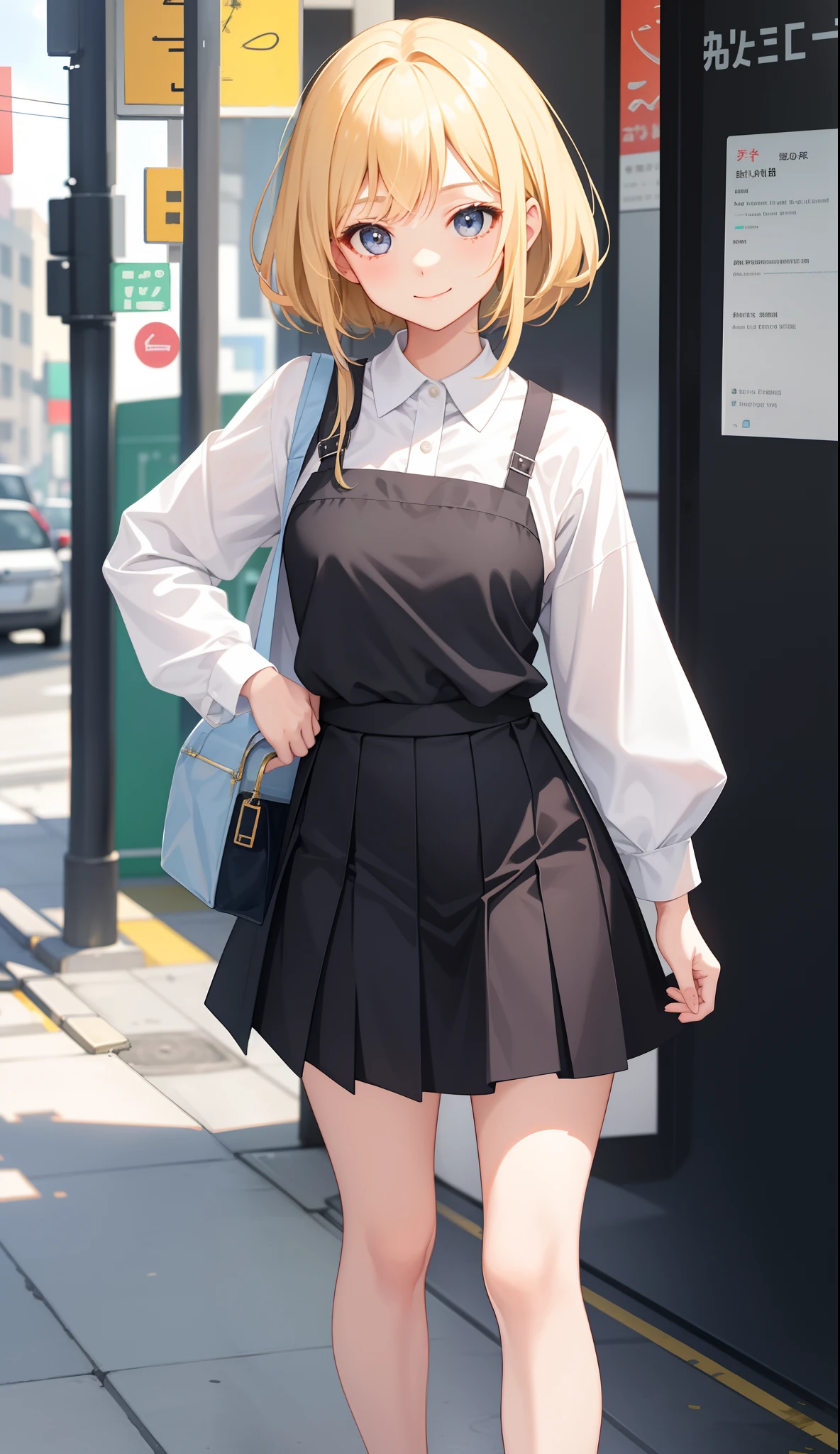 1girl in、AS-Adult、A smile、The shirt、skirt by the、(small tits)、Walking with a thigh、Upper body portrait、blonde hair、