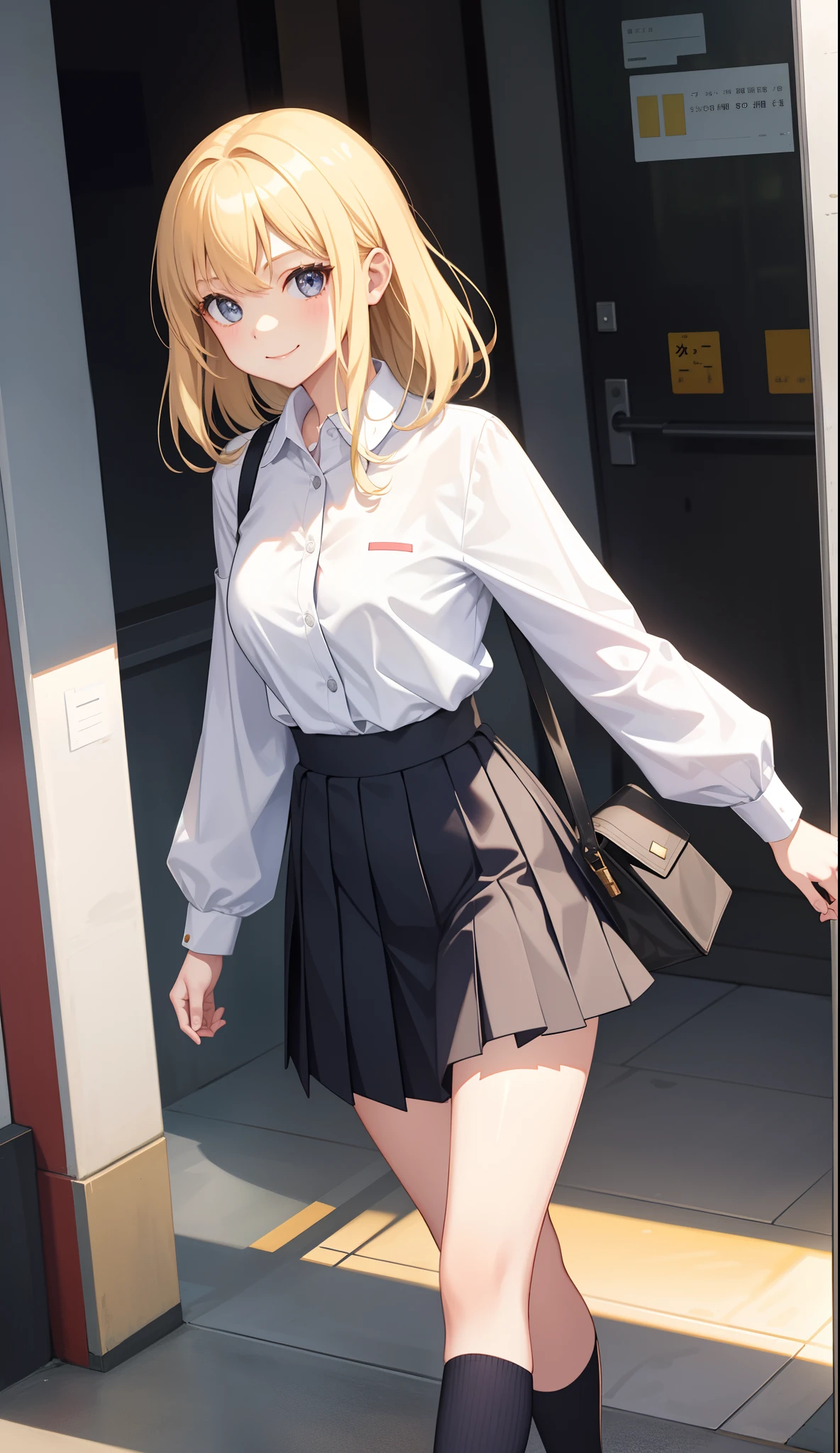 1girl in、AS-Adult、A smile、The shirt、skirt by the、(small tits)、Walking with a thigh、Upper body portrait、blonde hair、