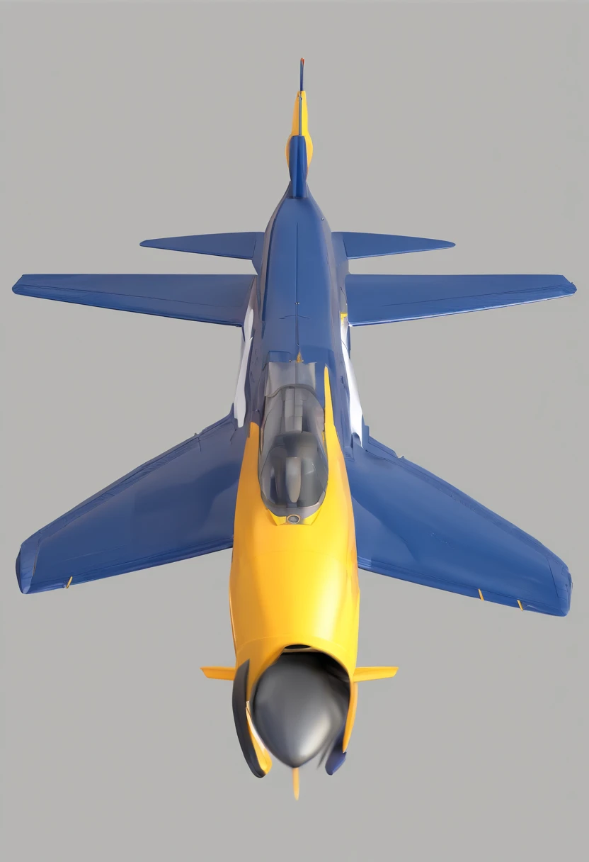 (a jet plane top-back view, back view), yellow color, grey color, navy-blue color, white color, simple lightning, top-back camera angle, back-view, fine shape, low-poly render, clean background, flat-color background, white-background