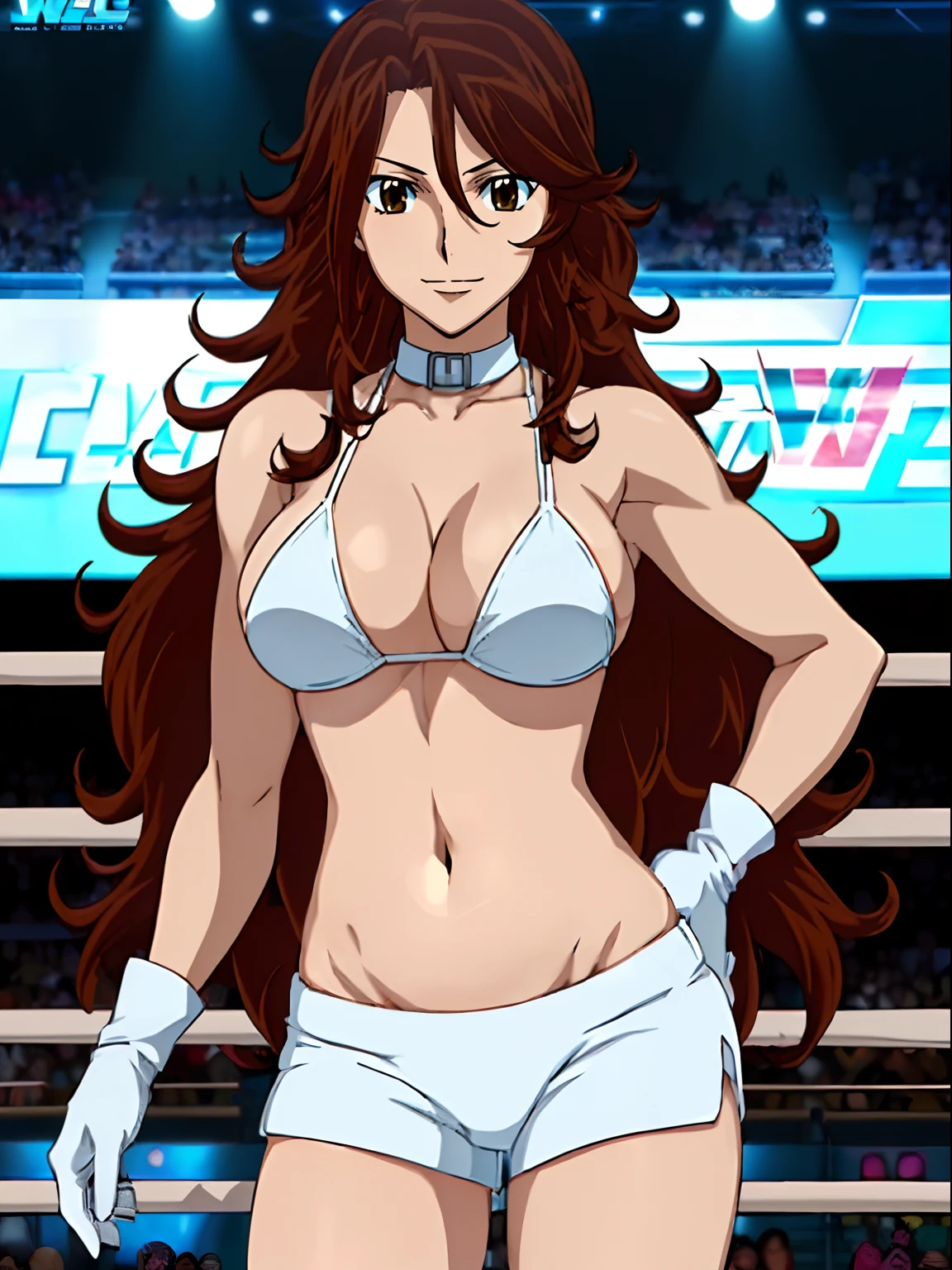 (wwe diva), body view, anime style: 1.8, anime drawing, ultra detailed face, ultra detailed body, 4k, Sumergai Lee Noriega, (standing), best quality, anime style, hires, highest definition, digital blending, bold drawing lines, ((wwe diva), (location: wrestling arena, crowds watching), ( slim body, little biceps, thighs, off-shoulders, (curvy: 2.8)), ((white bikini, shorts, groin, , white gloves, collar)), victorious, winner, gentle, (big breasts, smile), (big eyes, brown eyes), (clapping), (brown hair, loose hair, curly hair, wavy hair, long hair, missy hair), 27 years old,