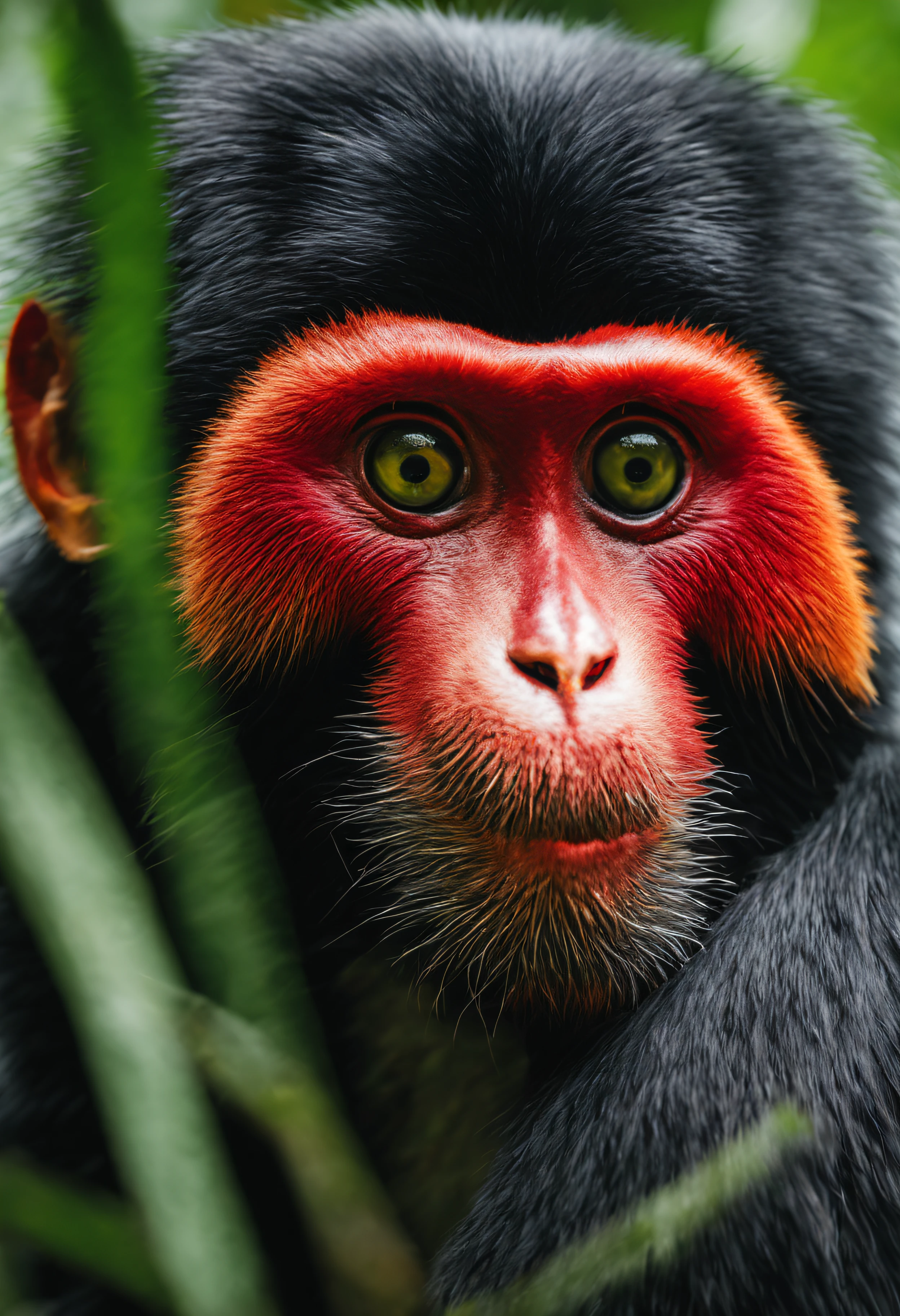 High nation-geographic symmetrical close-up portrait shoot in green jungle of an expressive Red-shanked douc Animal , anamorphic lens, ultra-realistic, hyper-detailed, green-core, jungle-core –ar 16:9 –q 2 –v 5