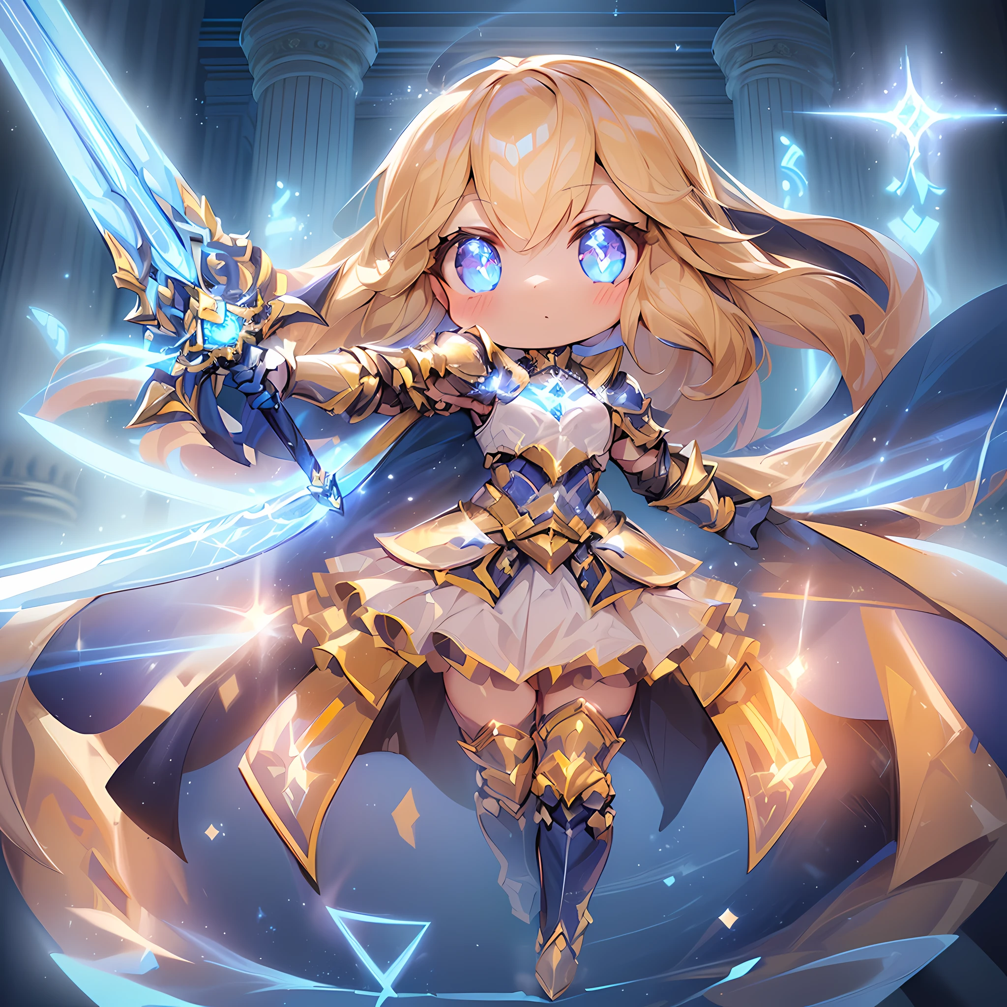 (Sapphire Masterpiece 1.3), (Best Quality), (ultra-detailliert), (girl with), (((Solo))), Cool, Full body, (With the Sword of Paladin:1.10), Ahoge, (Paladin Armor:1.4), (Dynamic Pose:1.6), (((Chibi Character))), (((Deformed))), (Sparkle effect:1.3), (Pillar of Light:1.5), (aura:1.5), (Night Field:1.3), (Alternative Fantasy Worlds:1.1) ,(Blue background)