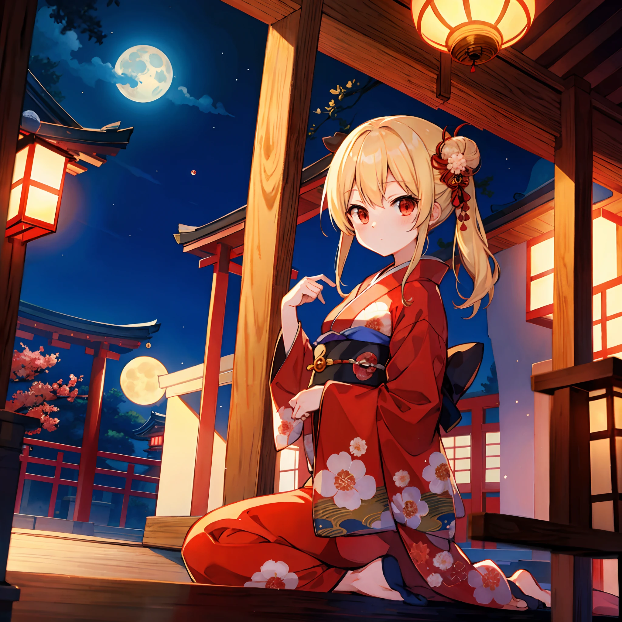 Blonde summed up、red eyes、One Beautiful Girl、Kimono、traditional Japanese room、a moon、natta
