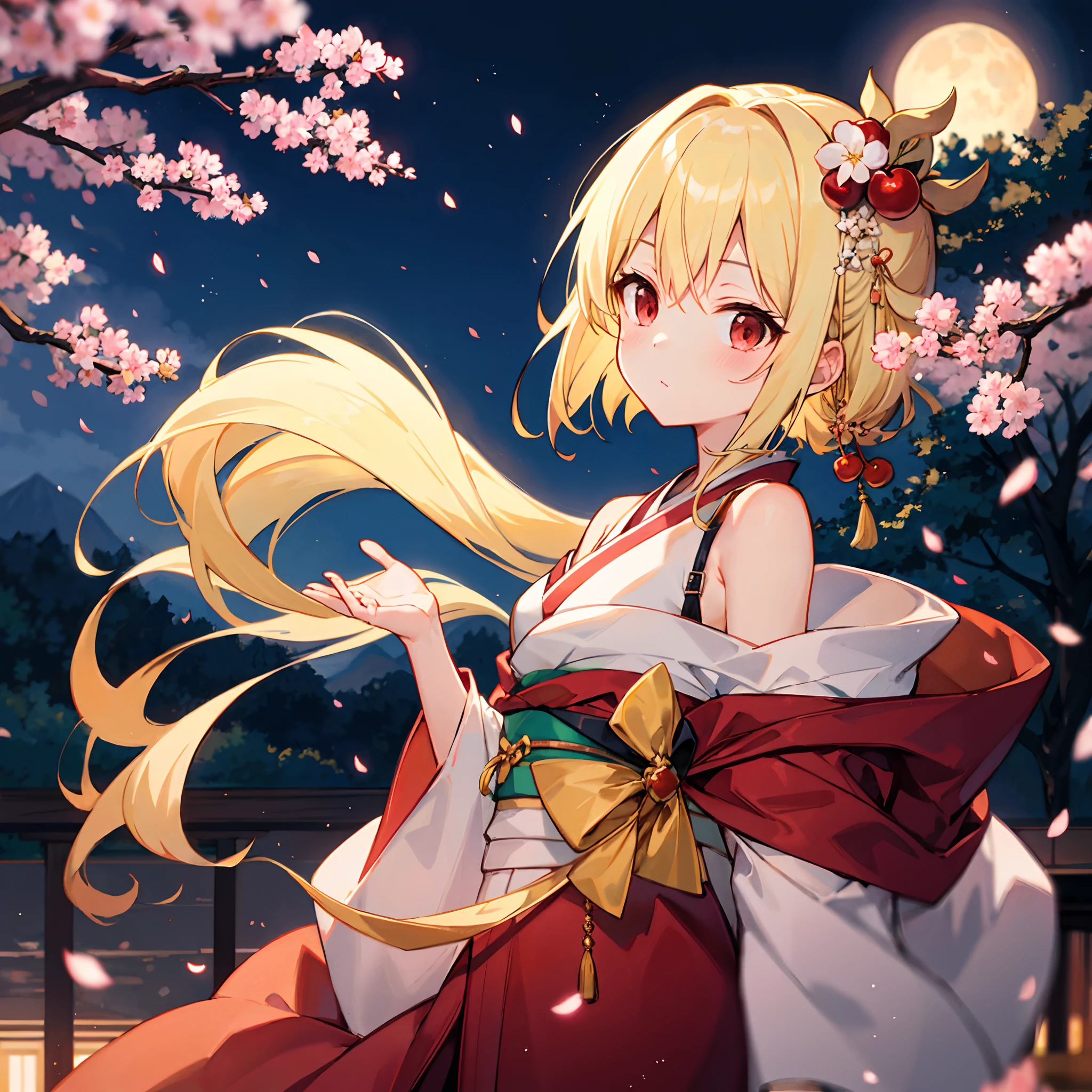 Keeping hair together、a blond、red eyes、One Beautiful Girl、Kimono、off shoulders、a moon、natta、cherry trees