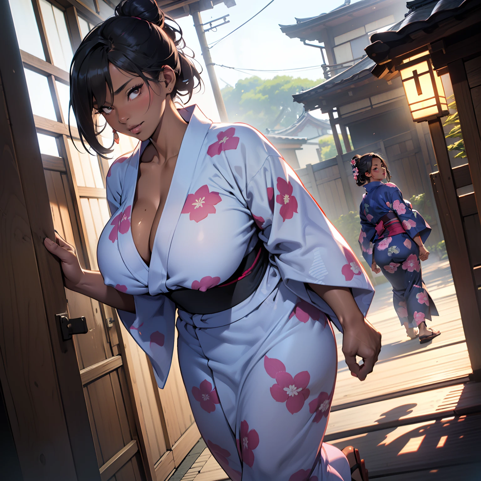 there is woman that is walking to tatami,(((A MILF: 1.4))), (Curvy:1.35),(((Dark skin))),Curvy physique,, Thick body，((big nipple)),((Completely naked)), (((pinching breasts in yukata))),((open yukata)),((pubic hair)), sakimichan, model in Japan，((Sexual suggestiveness)),