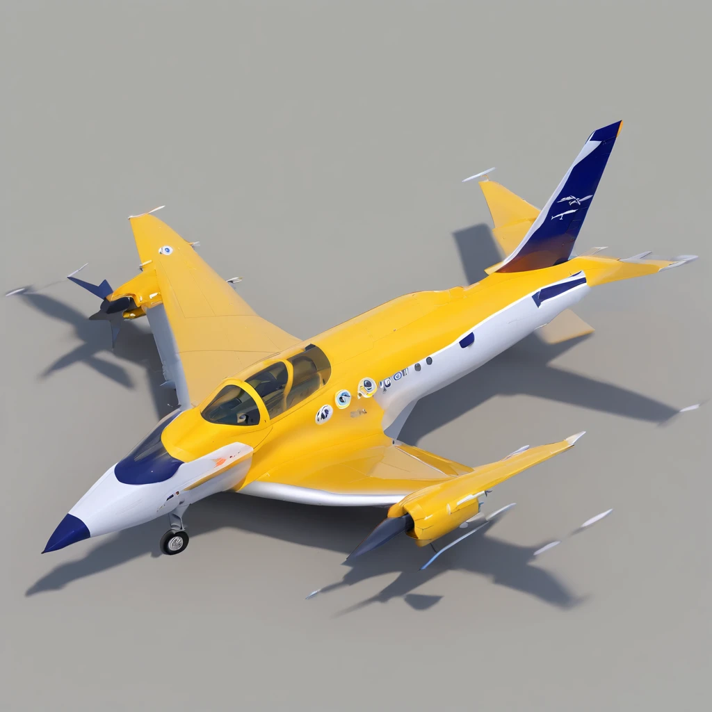 (a jet plane flying in top-back view, back view, camera from behind the plane), yellow color, grey color, navy-blue color, white color, simple lightning, top-back camera angle, back-view, fine shape, low-poly render, clean background, flat-color background, white-background