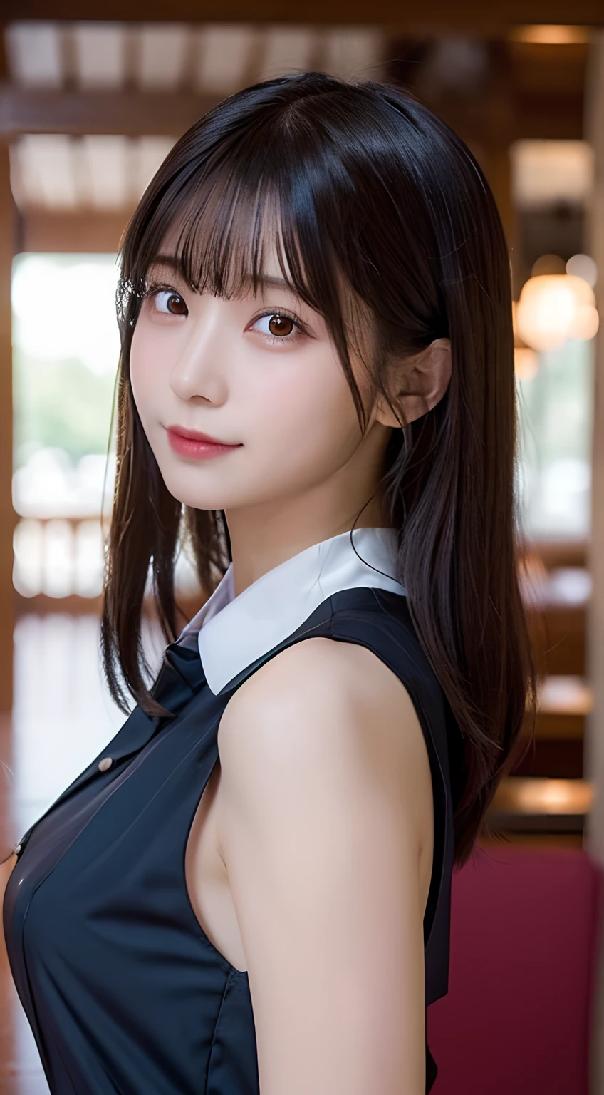 (top-quality,masterpiece:1.3,超A high resolution,),(ultra-detailliert,Caustics),(Photorealsitic:1.4,RAW shooting,)Ultra-realistic capture,A highly detailed,High resolution 16K human skin close-up。 Skin texture is natural、,The pores are、Must be detailed enough to be easy to identify。 Skin should look healthy with even tones。 Use natural light and color,resturant,(Waitress uniform:1,3),女の子1人,japanes,18year old,kawaii,A dark-haired,Middle hair,(large boob:1.2),smil,Turn your body to the front,(front-facing view:1.2),Looking at the camera,Fulll body Shot:1.5
