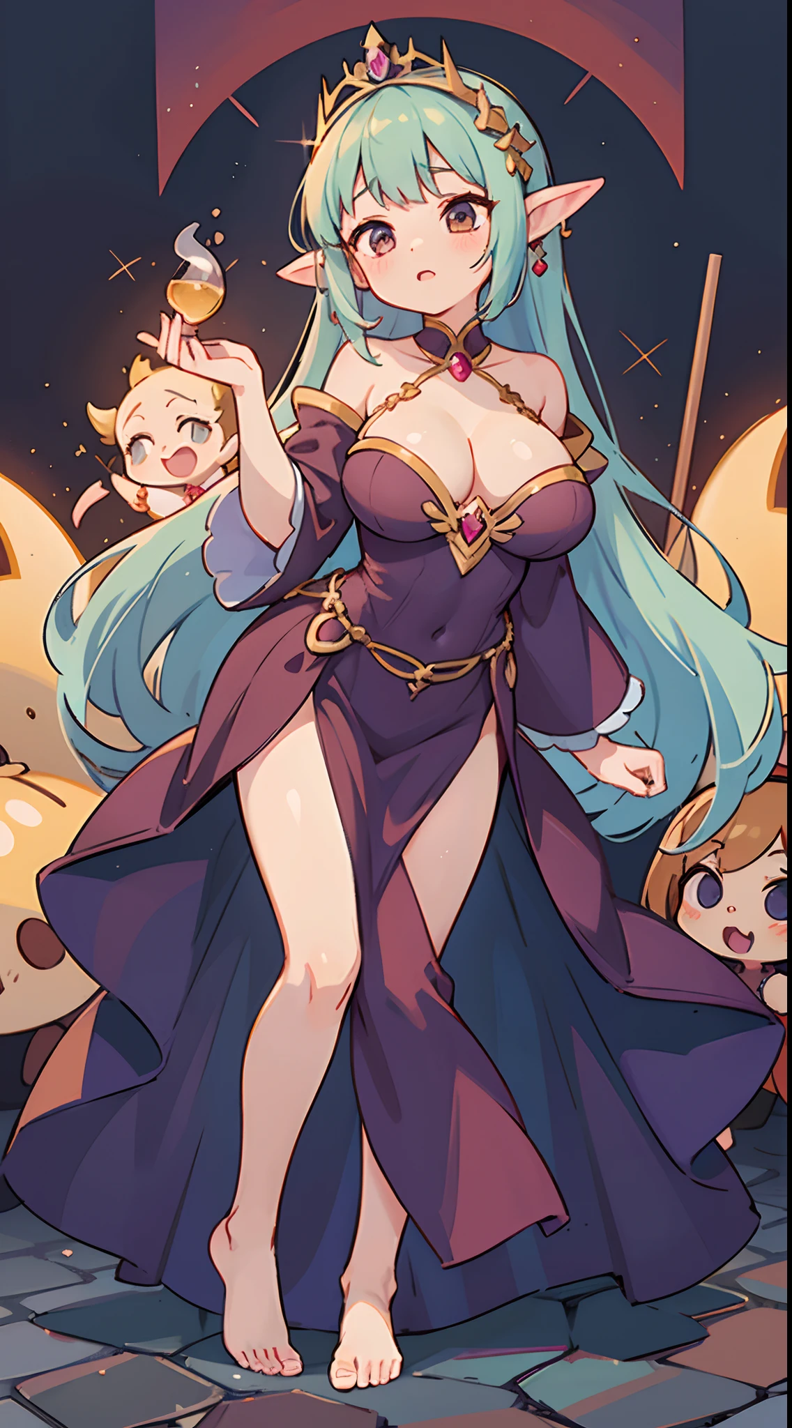 number art、Dark Elves、Princess dress，，disney's princess，Barefoot，Yuruchara style、Large breasts，Off-the-shoulder attire，nabel，Big breasts Thin waist，cleavage，Raised sexy，Be red in the face