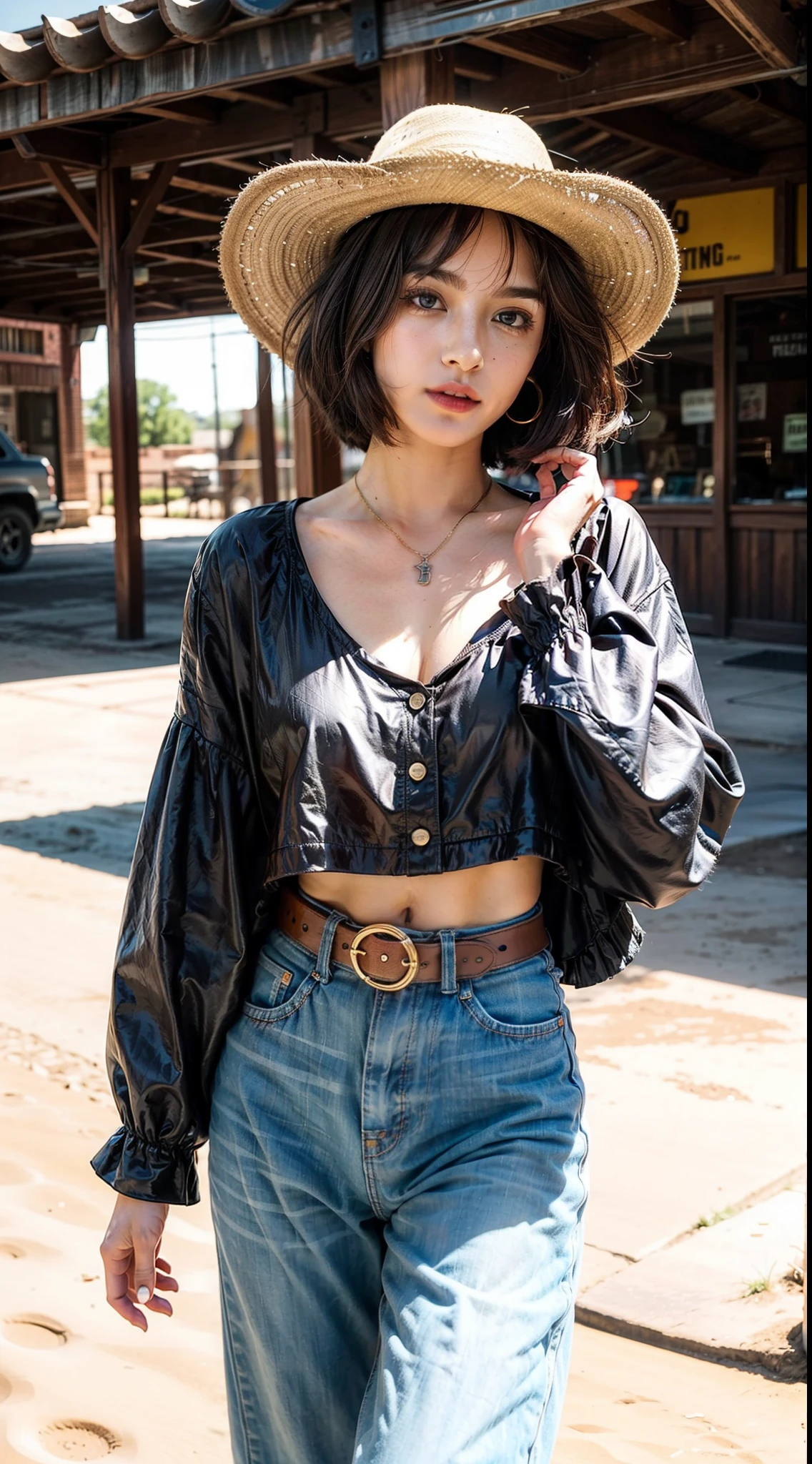 Cowboy fashion, vibrant texas scene, groovy style, nostalgic ambiance, energetic grave floor:0.2 groovy image of a women cowboy an 80s outfit, immersed in the vibrant atmosphere of a texas. His attire reflects the fashion trends of the era, soft patterns. The cowboy scene is alive with dust, a lively texas sand, and cowboy moving to the rhythm of the bate. The nostalgic ambiance transports viewers back to the vibrant and energetic era of the 80s, capturing the spirit of fun, freedom, and self-expression that defined the cowboy culture, bronze classic bob hair, midshot, centered image, ultra detail, extremely face detail, extremely eye detail, a girl, small breast, bronze classic bob hair, bronze classic bob hair