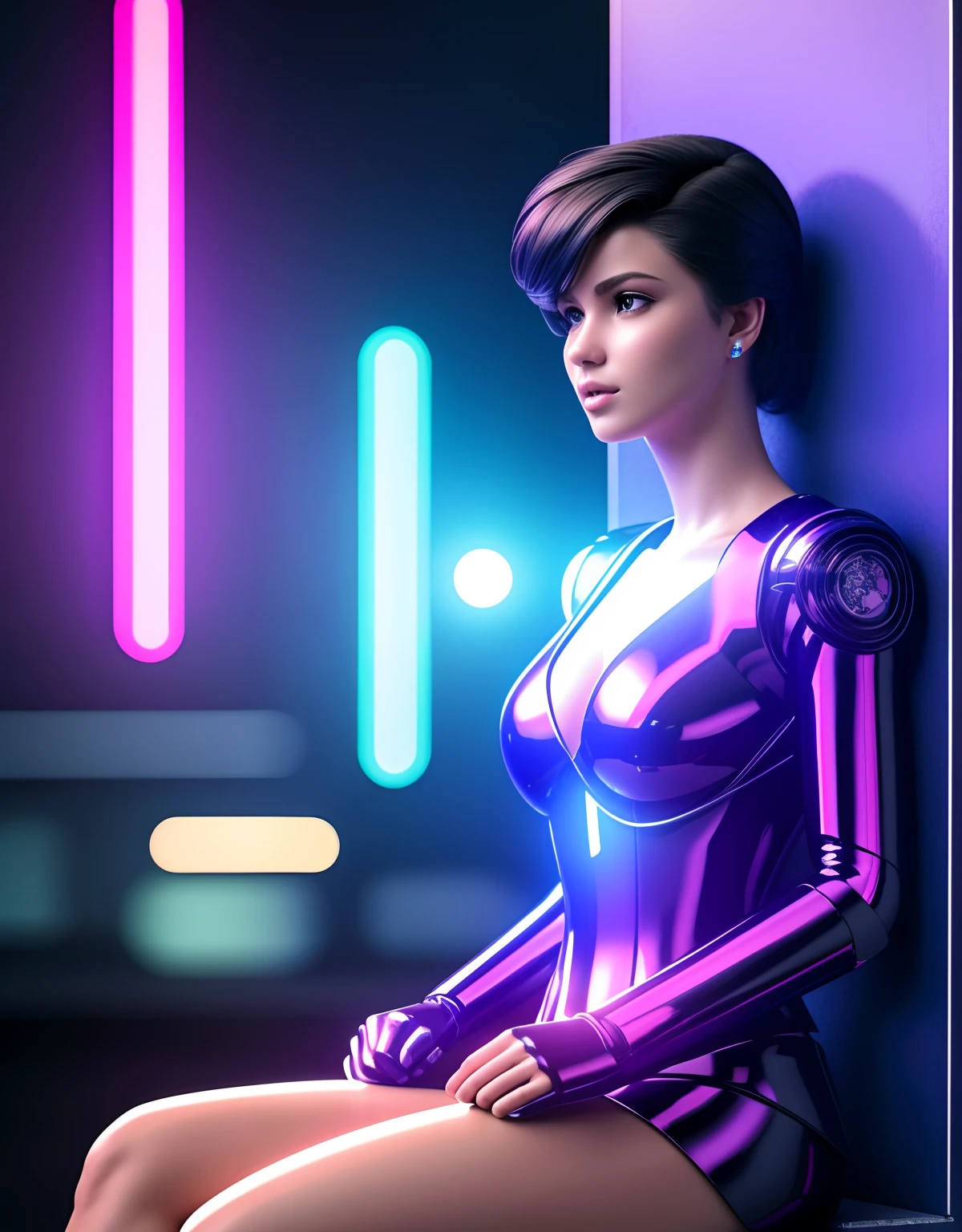 (best quality,4k,8k,highres,masterpiece:1.2),ultra-detailed,(realistic,photorealistic,photo-realistic:1.37),HDR,UHD,studio lighting,ultra-fine painting,sharp focus,physically-based rendering,extreme detail description,professional,vivid colors,bokeh,robot woman, detailed eyes, detailed lips, realistic body, seam lines, casual dress, sitting, empty expression, futuristic, cyberpunk, neon colors, moody lighting