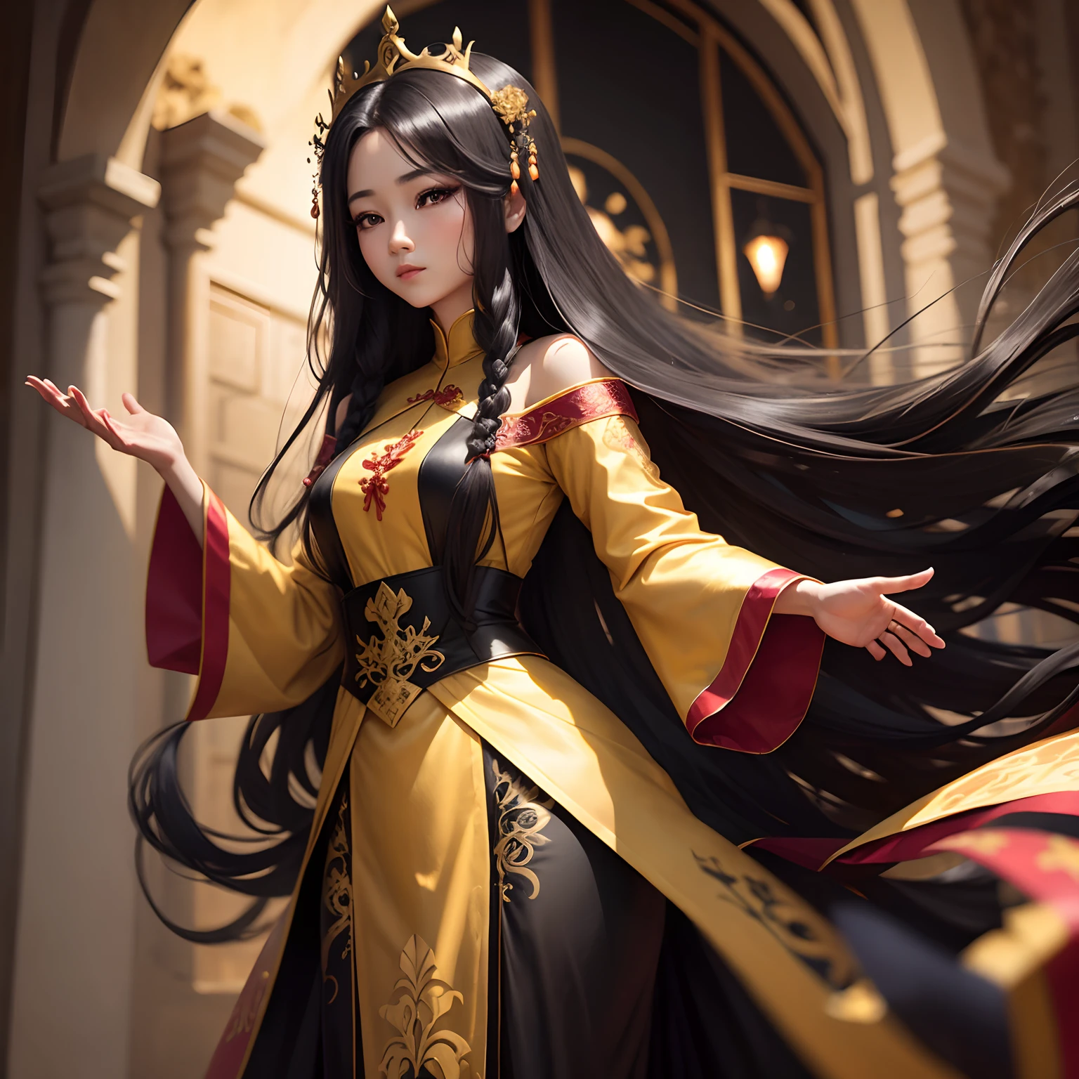 vietnamese rapunzel, very long black hair princess in traditional vietnamese dress