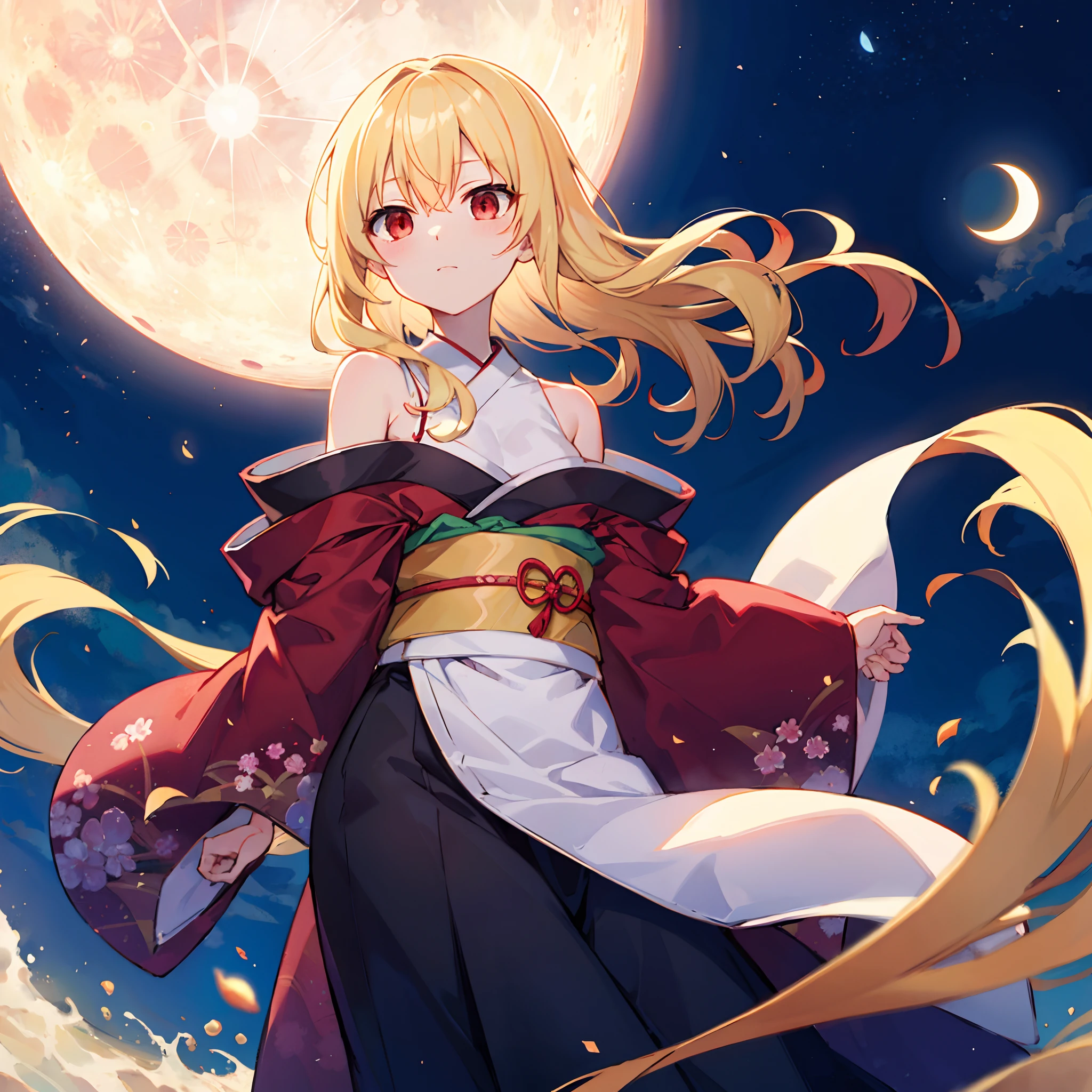 Blonde, hair tied up, red eyes, one girl, kimono, shoulders protruding, moon