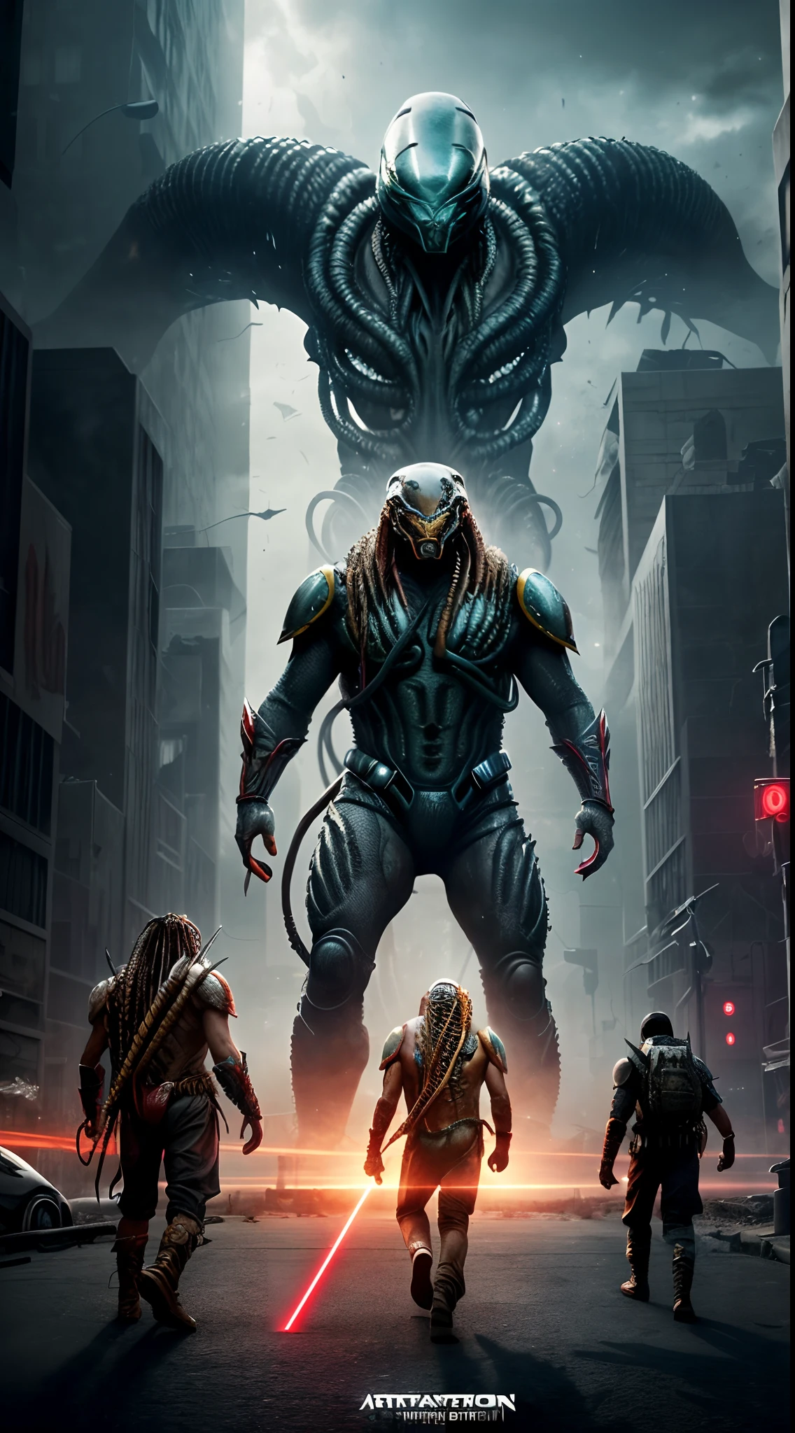 ((Predator wiith futuristic battlesuit, fighting aliens with laser knives, dramatic epic figh by h.r. giger)), cinematic hyperrealistic highly detailed drawn characters with foggy future neonlight mega-city at night as background, thrlling dramatic movie poster, in highst resolution in best quality, with intigue deatails, award winning masterpiece, trending on artstation.