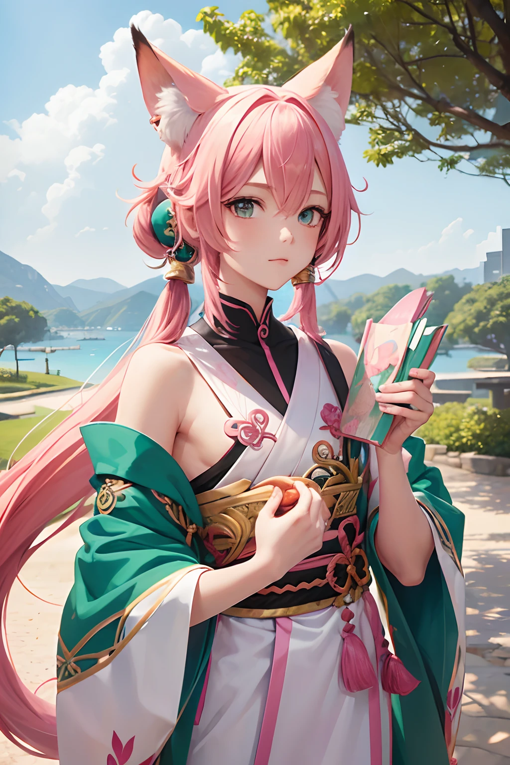Anime boy with pink hair and green eyes in pink costume, an anime drawing by Ai-Mitsu, Pixiv Contest Winner, shin hanga, Mikudayo, Humanoid pink female squid boy, pink twintail hair and cyan eyes, Haruno Sakura, holding a pudica pose, Genshin Art Style,Arabian,Smerians,Naheeda,Venti,Alhuizen,exotic,Man's daughter,soio,Fox ears,Fox tail,fox,Chemomimi,India,Ancient Civilizations