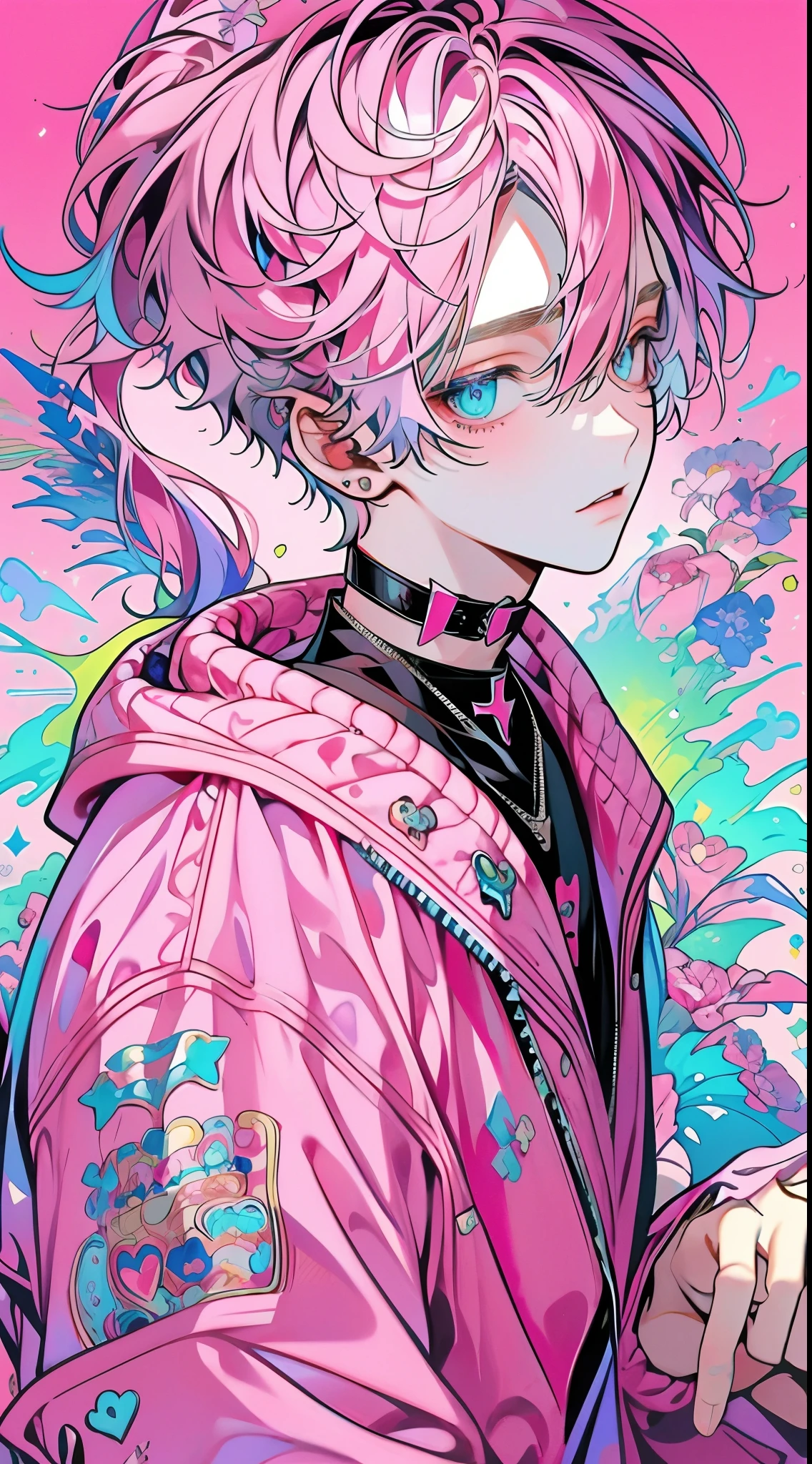 Portraits,{heart effects},{Vivid Color},Pink background, multiple monochromatic colors,Wind,looking at viewer,pretty,{{Pink hospital room}}, {bandages},{pop syringe},short hair,Vivid Color,Beautiful, detailed eyes, jewel-like eyes, colorful eyes, sparkling eyes,{{{Youth}}},Good looking guy,{{{boy}}},{Top quality},{{Colorful mass pills}},{{{colorful mass capsule pills}}},moe sleeves,hoodie,hairpin,rabbit,pink effect,purple cross,pink heart,stuffed cat,pink hair,top quality,CG,High Resolution,Illustration,Beautiful detailed eyes,looking at viewer,finely drawn, {Art Book}, {{Vivid Color}},Long lashes, lots of lashes,{{Face close-up}},leaning to the side,{{{Male}}},mysterious,night,{young men},{{adult men}},{{{sanpaku eyes}}}, {{{scornful eyes}}},{{{He's handsome}}}, {{Beautiful young man}},{{{{Good looking guy}}}}, Colorful, Beautiful, detailed eyes, jewel-like eyes,colorful eyes, sparkling eyes,{{{{{boy}}}}},Wind,{1boy},{1 person}