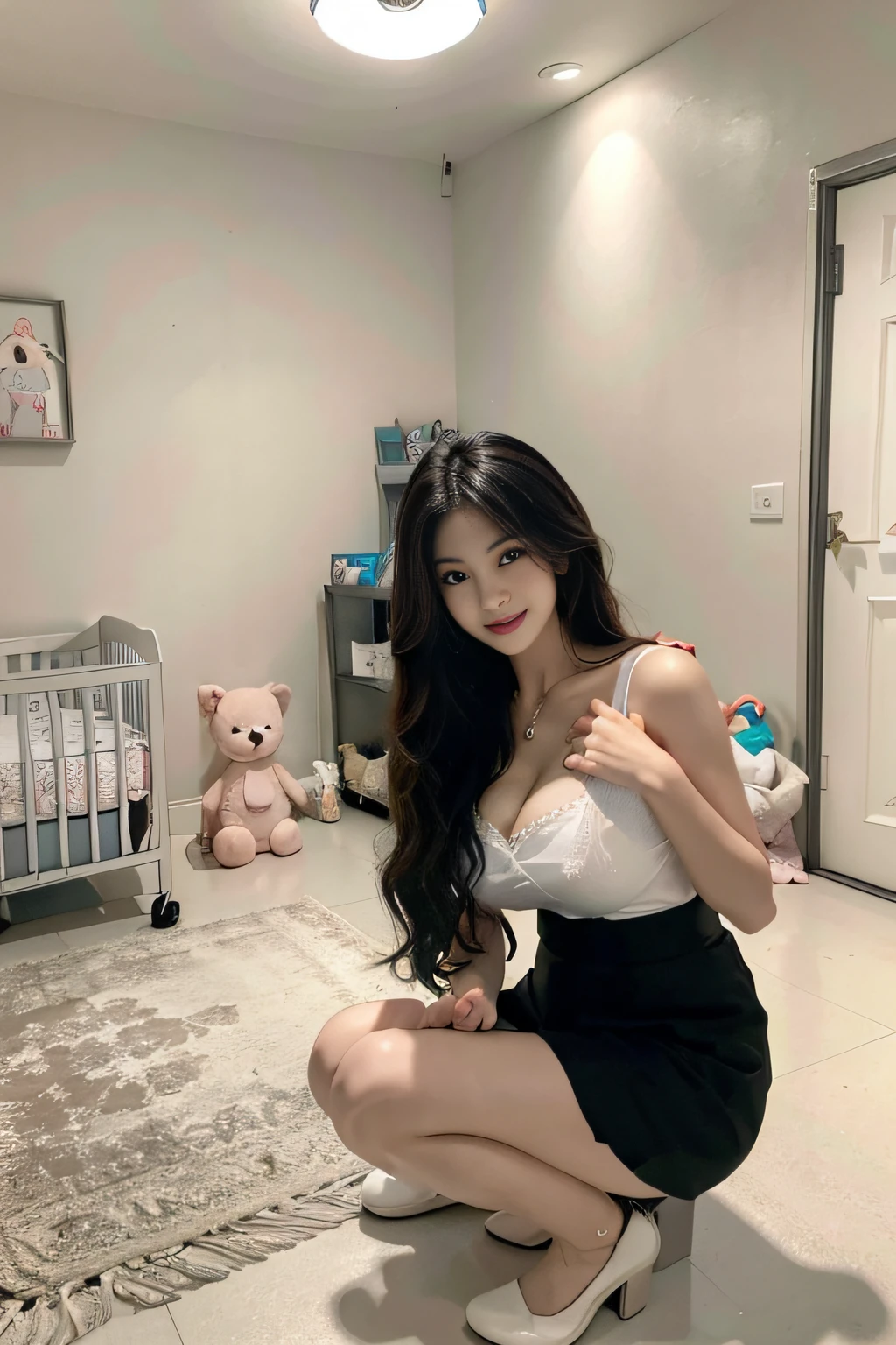 (​masterpiece:1.3), (8K, Photorealsitic, Raw photography, Top image quality: 1.4), Korean idol next to a WHITE CRIB、(random hairstyles:1.2)、cleavage of the breast:1.2、Super Detail Face、二重まぶた、full body photo 、bad mood face, flawless, sarcastic evil smile, detailed background, 女の子 1 人、 (dark straight hair)、(Glamurous body)、thighs、(huge breasts)、二重まぶた、wear a elegant suit、Nursery day care center black skirt, diaper packs, open-shirt, baby modern design room、pink and blue details, full bodyesbian, white crib in the background, baby room, kids decorations, diaper changing table next to the crib