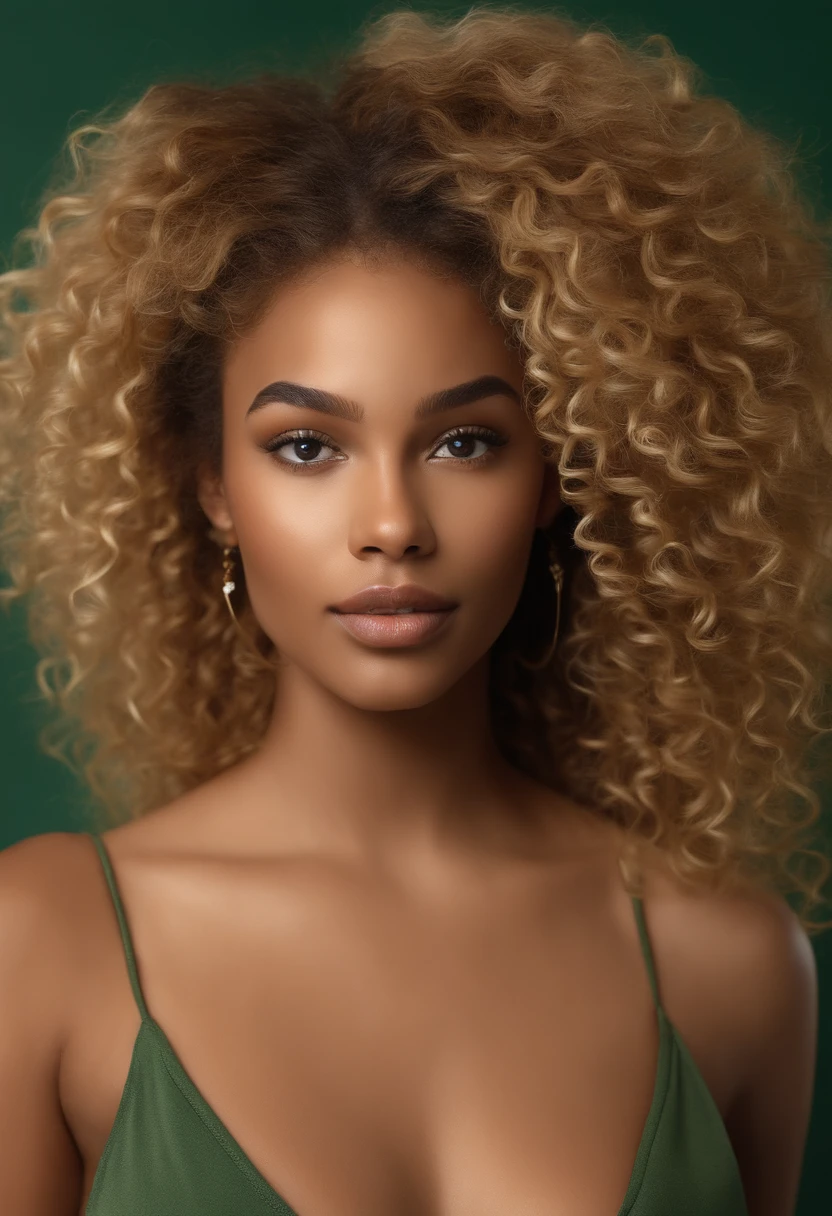 "Ultra-realistic image of a beautiful 21-year-old Afro-Latin girl,Caramel peel, corps parfait, forte poitrine, nez fin,Taille fine, cheveux blond, Curly and curly hair karibean , Piercing light green eyes.hyper-realistic，anatomie correcte，Facial features are carefully represented，Boucles gratuites, curly blonde hair, (cour, curly blonde hair), Long curly wild blonde hair, cheveux multiversaux, cour, curly blonde hair, curly blonde hair, Boucles, wavy hair spread out, Boucles baroques, Boucles, Curly,Texture des cheveux, Curly bang,Photo ID