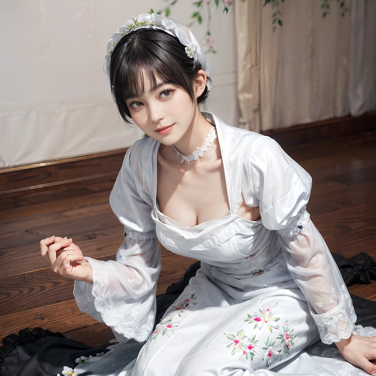 Downblouse, , munechira,(((small breasts))), looking away, leaning forward,bending over , from side , close up, necklace ,in wedding party reception,long sleeves loose dress,besides decolated detailed bra within,long skirt, short hair