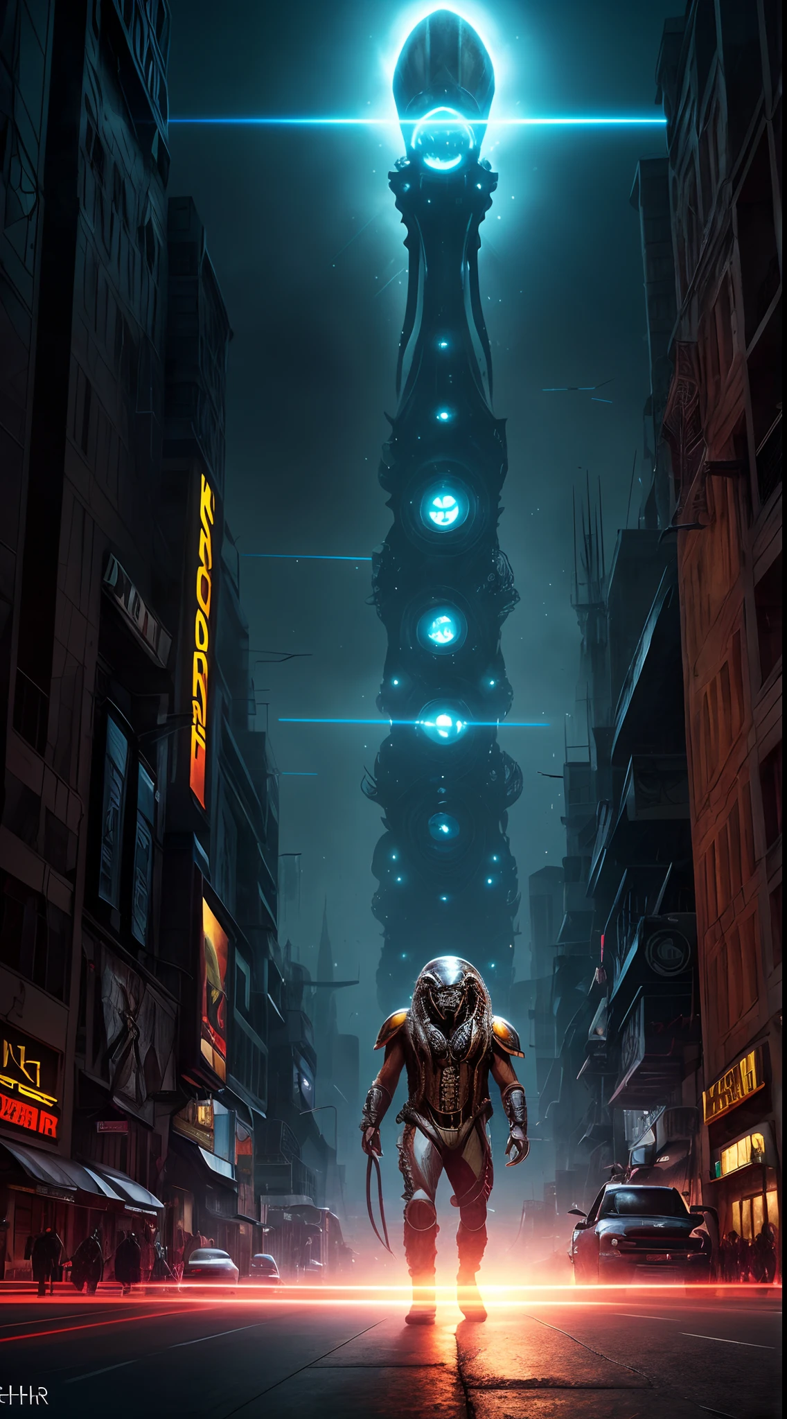 ((Predator wiith futuristic battlesuit, fighting aliens monster with laser knives, dramatic epic figh by h.r. giger)), cinematic hyperrealistic highly detailed drawn characters with foggy future neonlight mega-city at night as background, thrlling dramatic movie poster, in highst resolution in best quality, with intigue deatails, award winning masterpiece, trending on artstation.