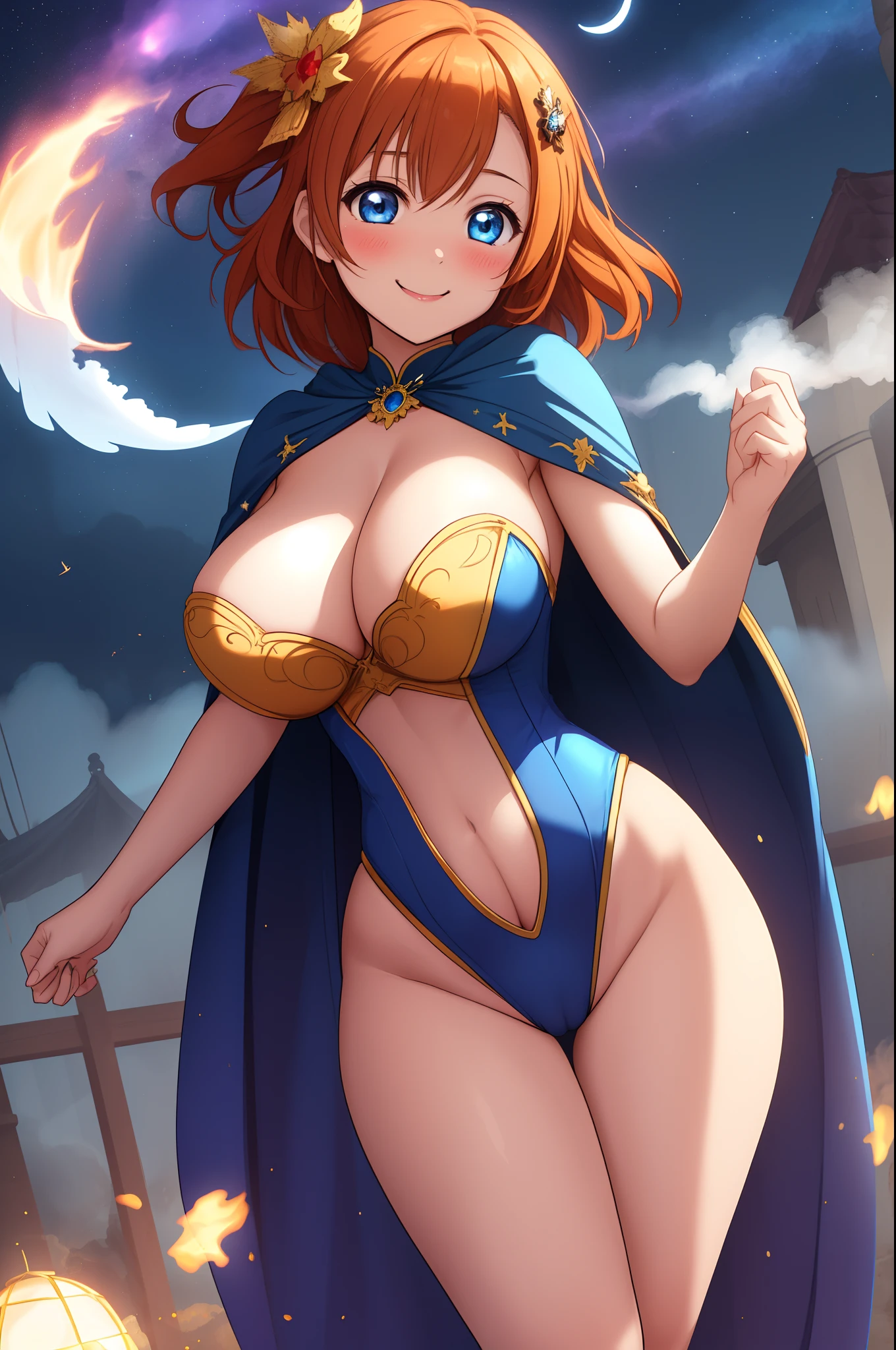 Kousaka honoka, cowboy shot, sexy pose,(big breasts:1.4),blue eyes, orange hair, cape,witch necklace, strapless, leotard, sexy,curvy body, Blush, energetic smile, standing,in air, falling down, flying smoke,hair ornament, detailed hair strands,dark sky with ghosts and dark magic, wide hips