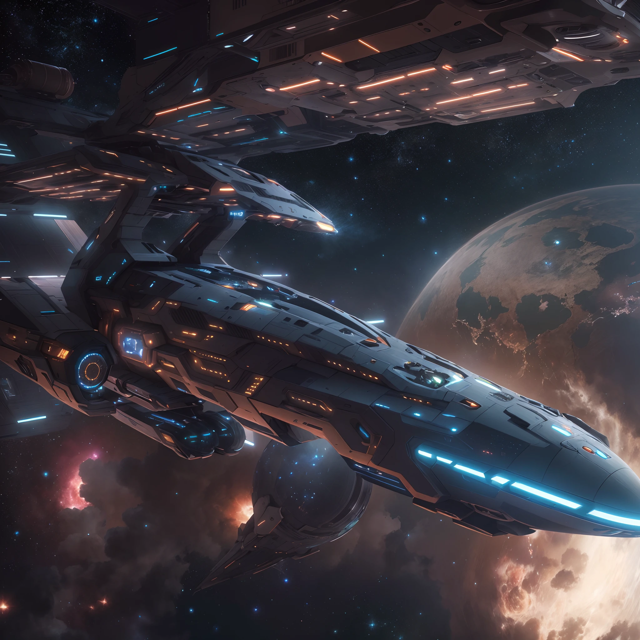 A huge spaceship,full bodyesbian，Solo，Spaceships in the Avengers，seen from outside，(multiple lighting sources:1.5),Detailed hull details,Cosmic galaxy background,Escaped spaceship,((Best quality)), ((Masterpiece)), (Epic composition:1.2), (unreal 5 render:1.1)