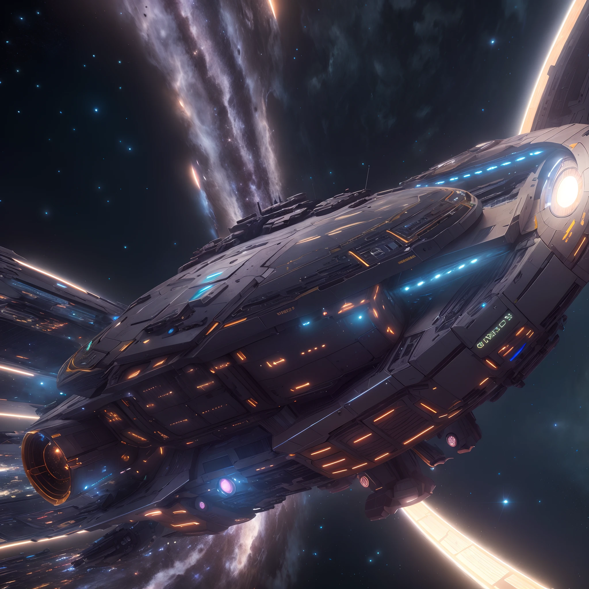 A huge spaceship,full bodyesbian,Solo,Spaceships in the Avengers,seen from outside,(multiple lighting sources:1.5),Detailed hull details,Cosmic galaxy background,Escaped spaceship,((Best quality)), ((Masterpiece)), (Epic composition:1.2), (unreal 5 render:1.1)