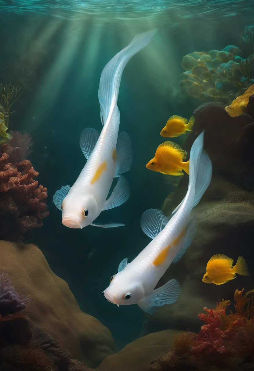 there is a guppy fish that is swimming in the water, courtesy of mbari, a beautiful detailed orixa, h. hydrochaeri, courtesy mbari, halyomorpha halys, new species, albino dwarf, long flowing fins, golden fish in water exoskeleton, an illustration of, often described as flame-like, side view of a gaunt